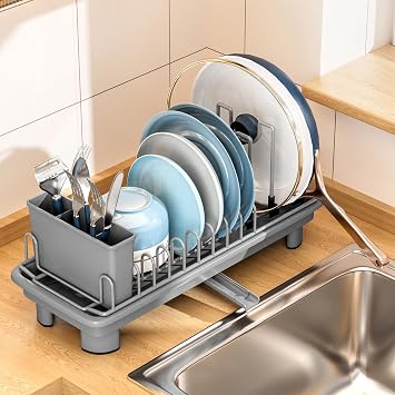 Compact Dish Drying Rack with Utensil Holder Small Countertop Dish Drainer with 360 Rotating Drain Spout, Stainless Steel Dish Rack for Kitchen Sink, Space-Saving Design for Small Kitchen , Grey