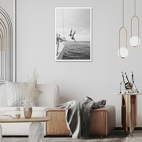 Miniatura 5 de ZHIXQMG Póster retro moderno de los años 80 en blanco y negro, lienzo de playa en blanco y negro, arte de pared, verano, océano, vela, barco, yate,