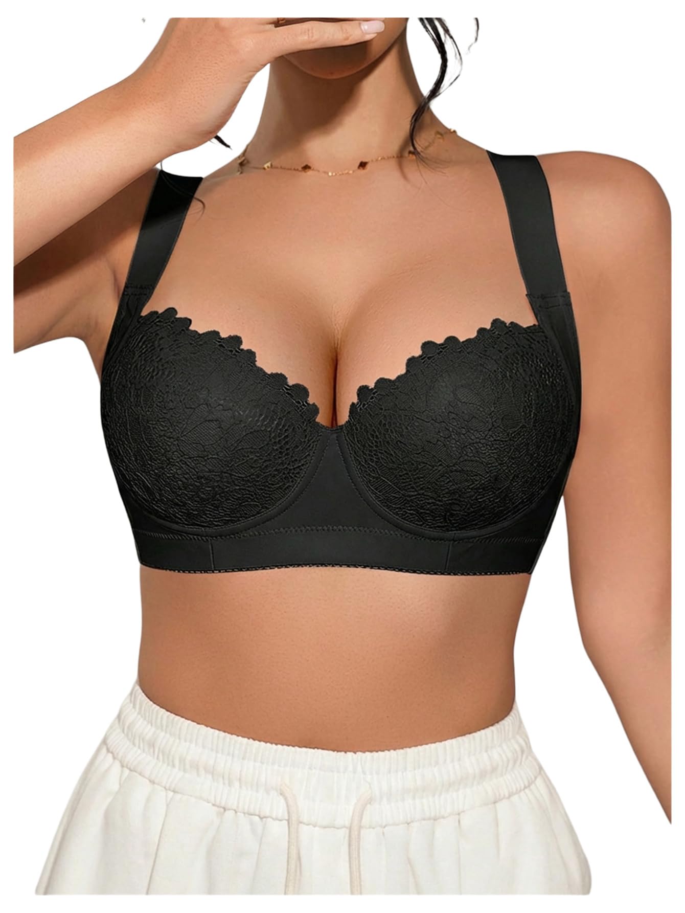 Confezione da 2 Reggiseni con Ferretto in Pizzo Floreale Donna Bralette Push Up Spalline Larghe A Balconcino Blu/Nero 34B(Black Beige,(34) 34B)