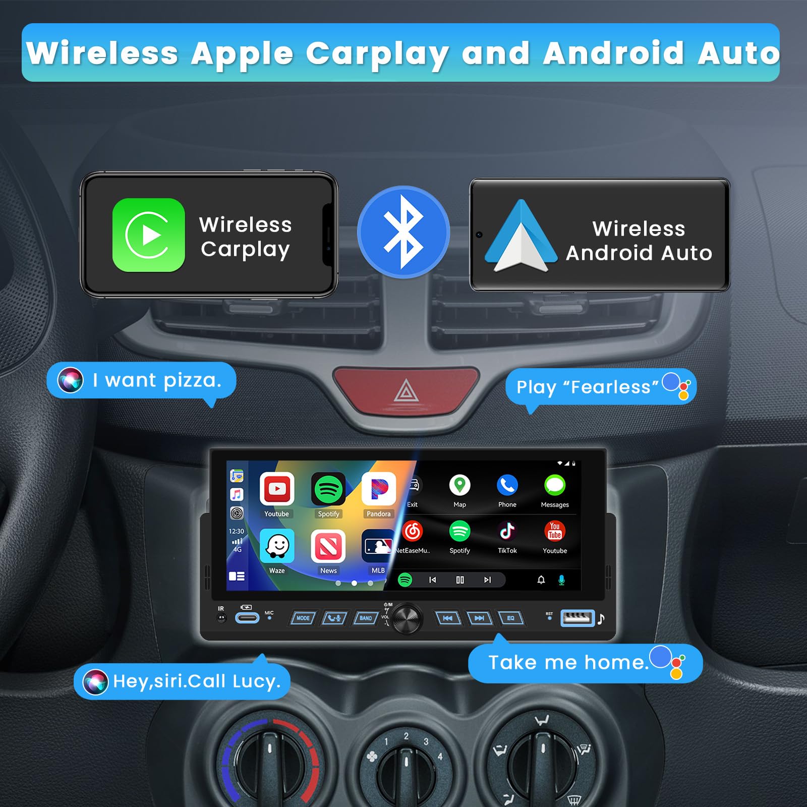 Inefala radio samochodowe Bluetooth 1 DIN z bezprzewodową funkcją CarPlay i Android Auto, radio 1 DIN z ekranem 6,9 cali, Mirror Link, radio FM, USB, Typ-C, SWC, EQ, kamera cofania, mikrofon