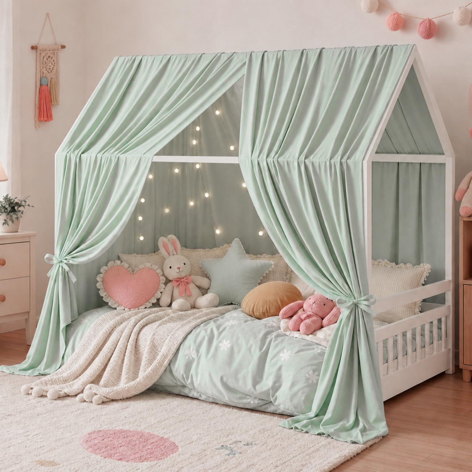 Lot de 2 baldaquins de lit en mousseline douce pour lit de maison, ciel de lit fille et garçon, décoration de chambre d'enfant, 135 x 350 cm, vert clair