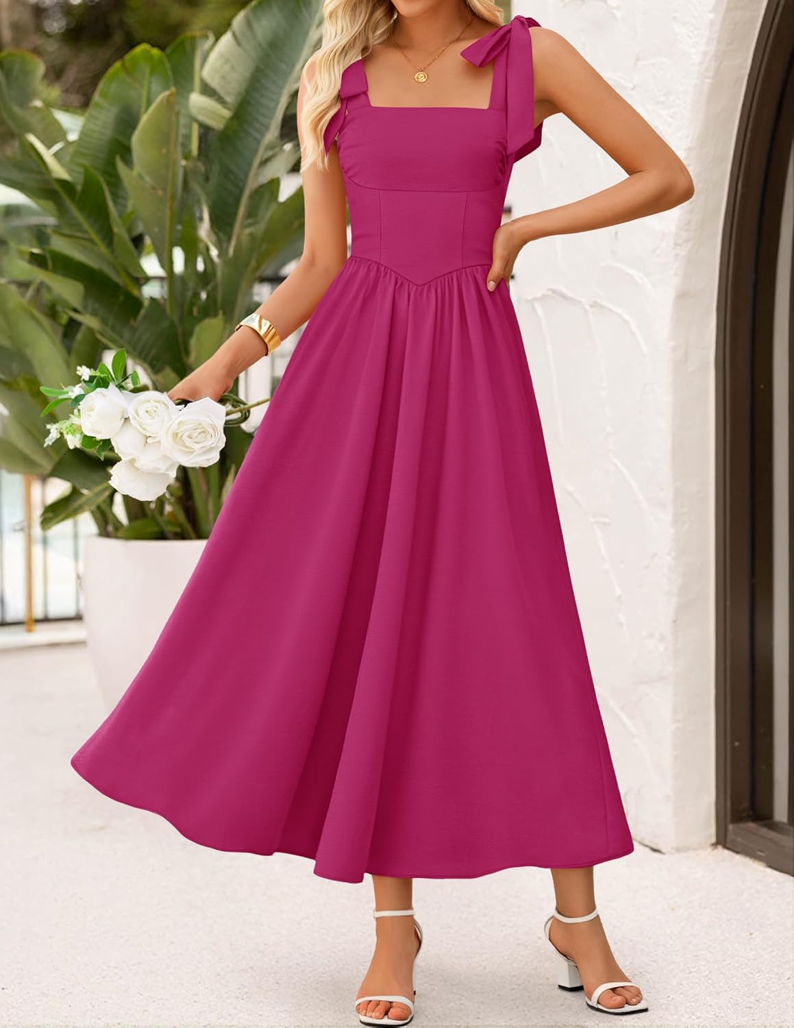 ZESICA Women's Summer Spaghetti Strap Maxi Dress 2026 Tie Shoulder Square Neck Flowy Wedding Guest Party Beach Long Dresses