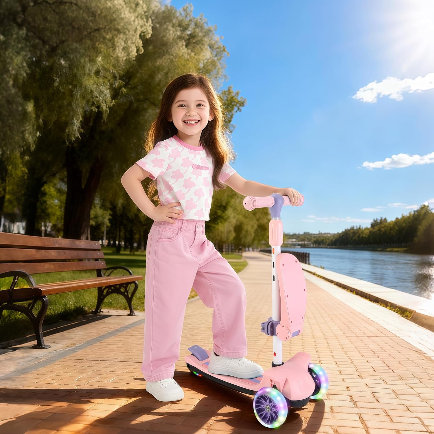 2 in 1 Kick Scooter with Removable Seat, 3 LED Wheels Kick Scooter for Kids, 4 Adjustable Height & Foldable Design Toddler Scooters Sit or Stand Ride for Boys & Girls 2-10 Years Old