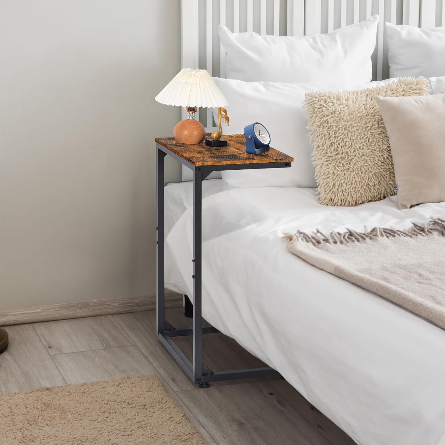 C-Shaped Tables,C Shaped End Table Set of 2-Rustic Brown Slide Under Sofa Side Tables with 22lbs Capacity, Space Saving TV Trays for Living Room, Bedroom & Small Spaces,Metal Frame Industrial