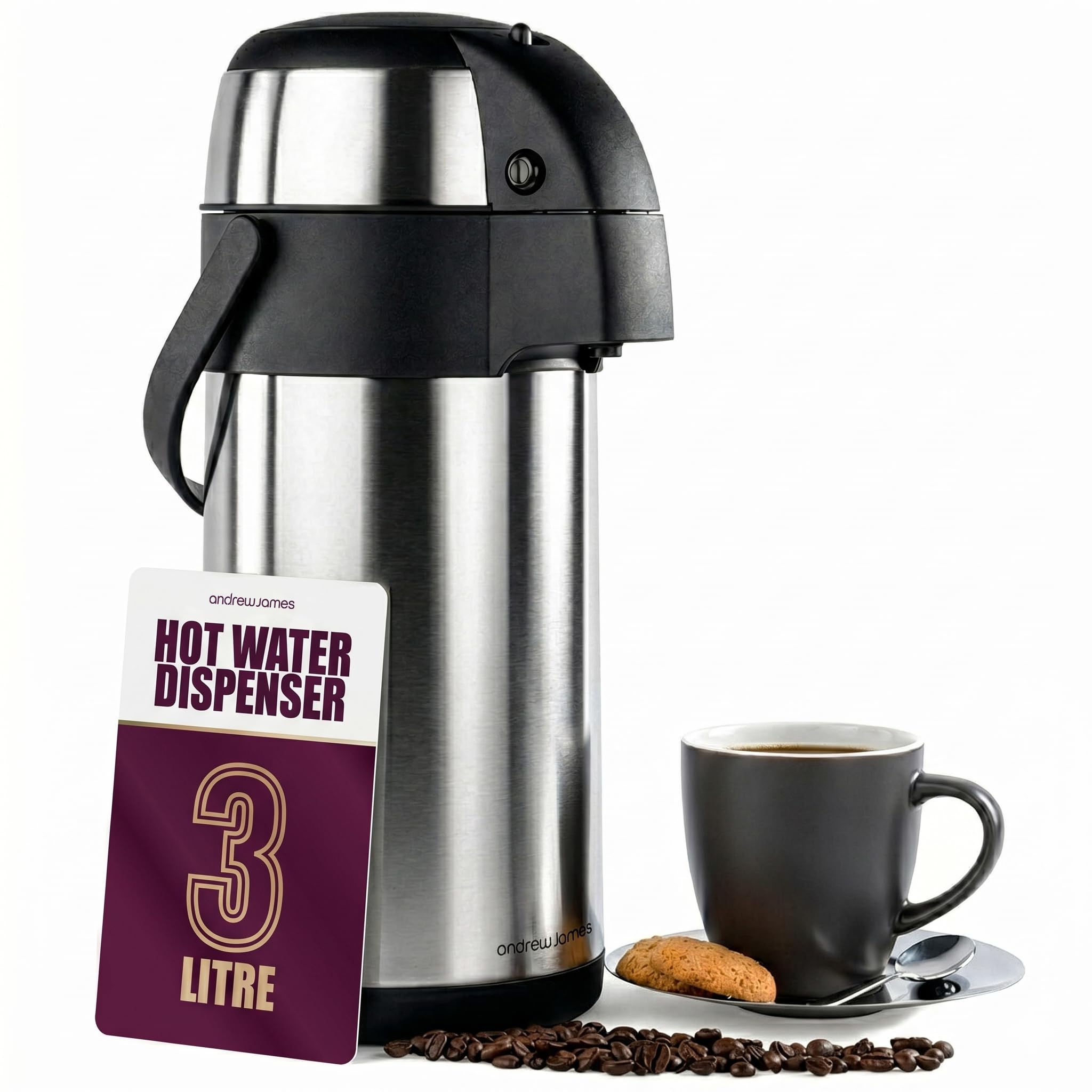 Andrew James Thermal Coffee Carafe, 3L Airpot, Double Walled Insulation, Stainless Steel Pump Action Hot Water Dispenser, Insulated Tea & Coffee Flask, 360° Rotating Base, Carry Handle & Safety Lock — image 1