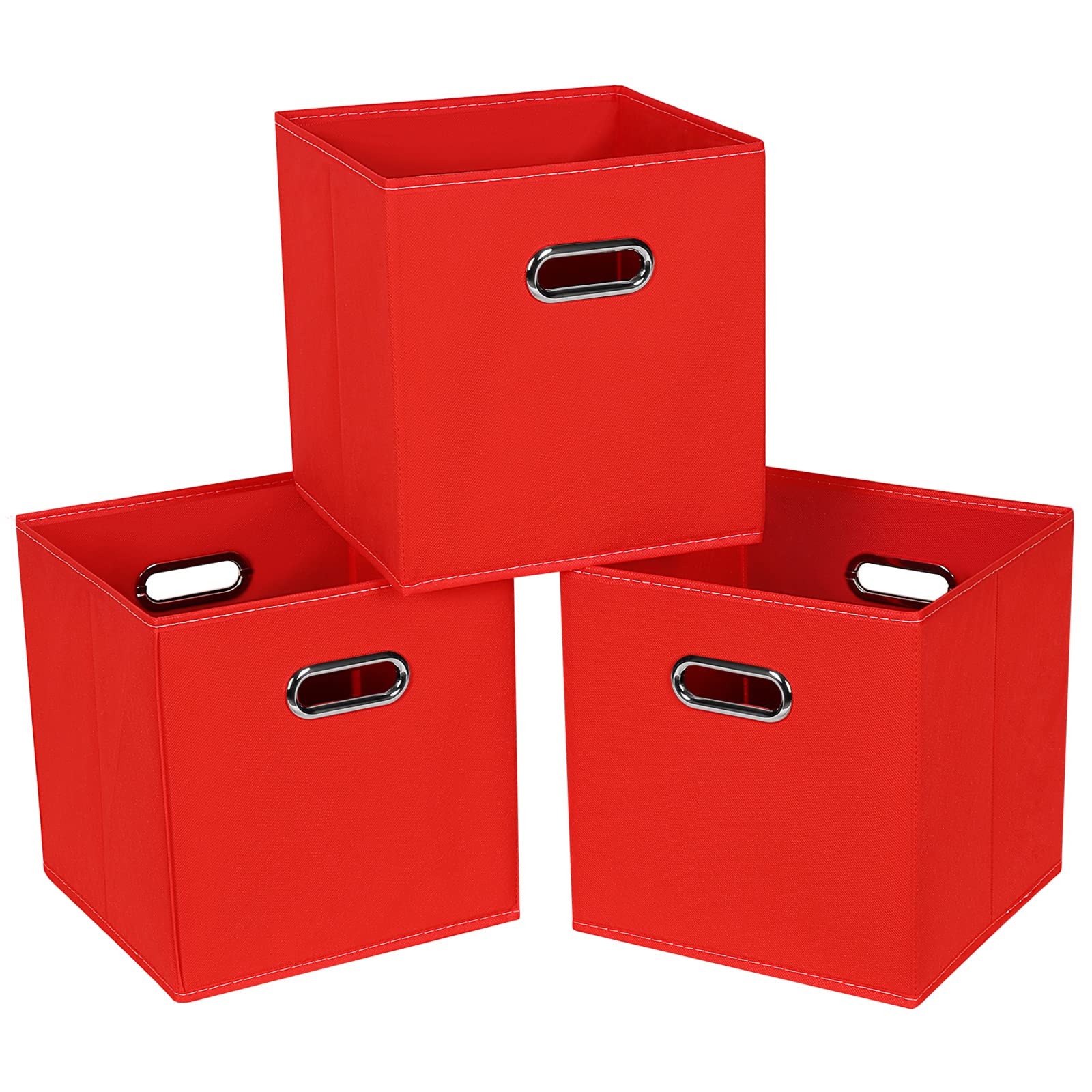 Fabric Cloth Storage Bins,Fabric Cube Bins Organizer with Dual Handles Foldable Cube Storage Baskets for Home Bedroom Storage,Set of 3,(Red)