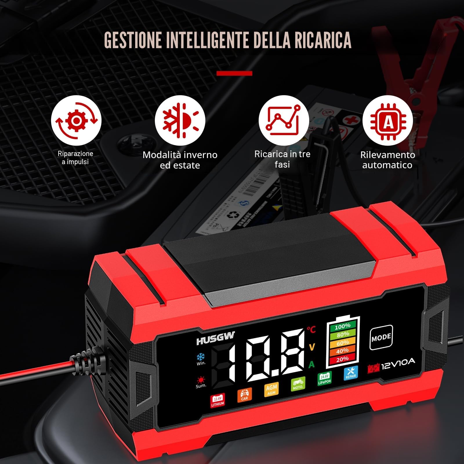 Caricabatterie LiFePO4 12V 10A per Auto Moto AGM GEL Wet SLA Rosso
