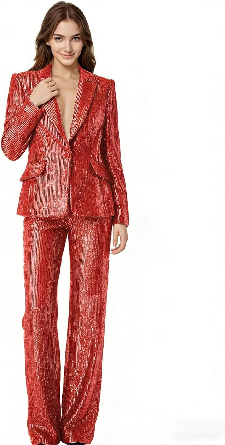 2 Piece Sequin Suits for Women Glitter Sparkly Notch Lapel Women Suit V Neck Womens Dressy Suits for Party Prom - Image 6