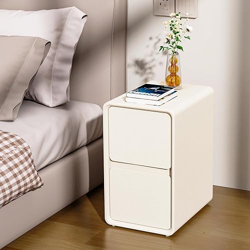 VICITON Moderna mesita de noche estrecha de piel sintética, cajón de madera maciza, mesa auxiliar de almacenamiento, mesa auxiliar pequeña para