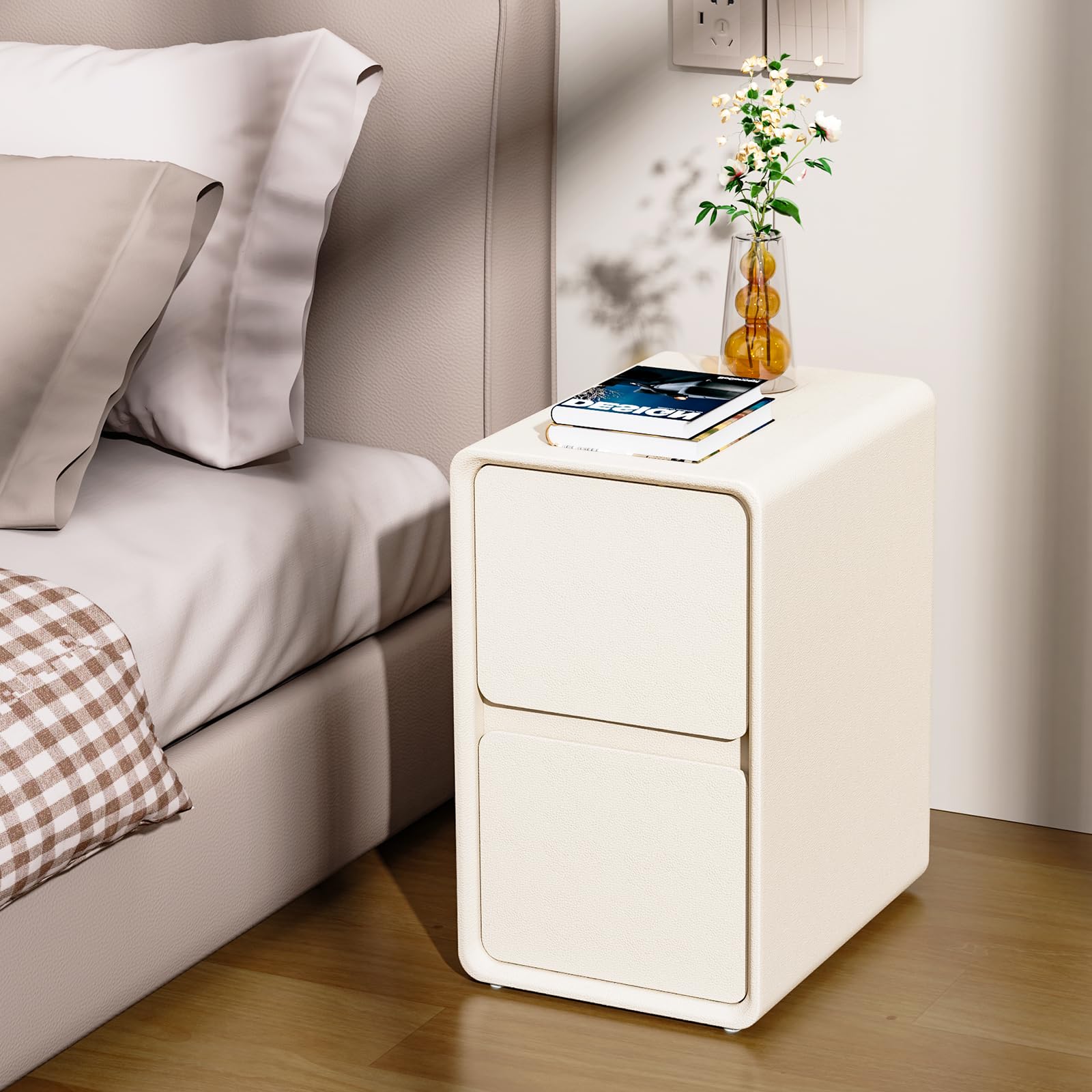 VICITON Modern Narrow Faux Leather Nightstand, Solid Wood Drawer, Storage Accent Table, Small Side End Table for Bedroom (Cream White, Nomal(12 inch))
