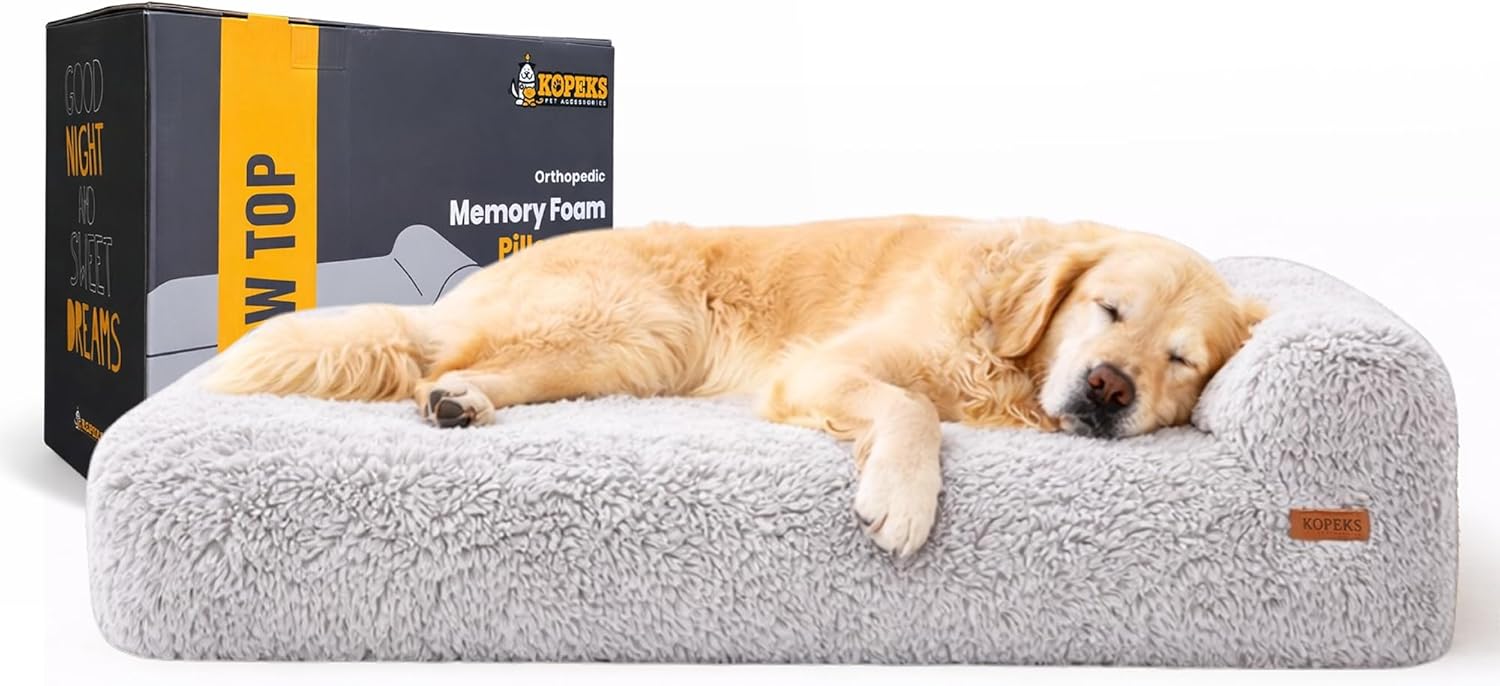 KOPEKS Orthopedic Memory Foam Dog Bed 7" Inch Thick Extra Large Dog Bed with Pillow Fluffy Grey 50"x34"x10" Includes Waterproof Liner & Durable Removable Cover with Smart Design