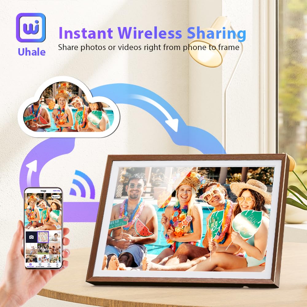Cadre Photo Numérique 32 Go, écran Tactile WiFi 10,1 Pouces, HD 1280 x 800 IPS, Rotation Automatique, Partage De Photos à Tout Moment et en Tout Lieu Via l'application Frameo/Uhale, Bronze