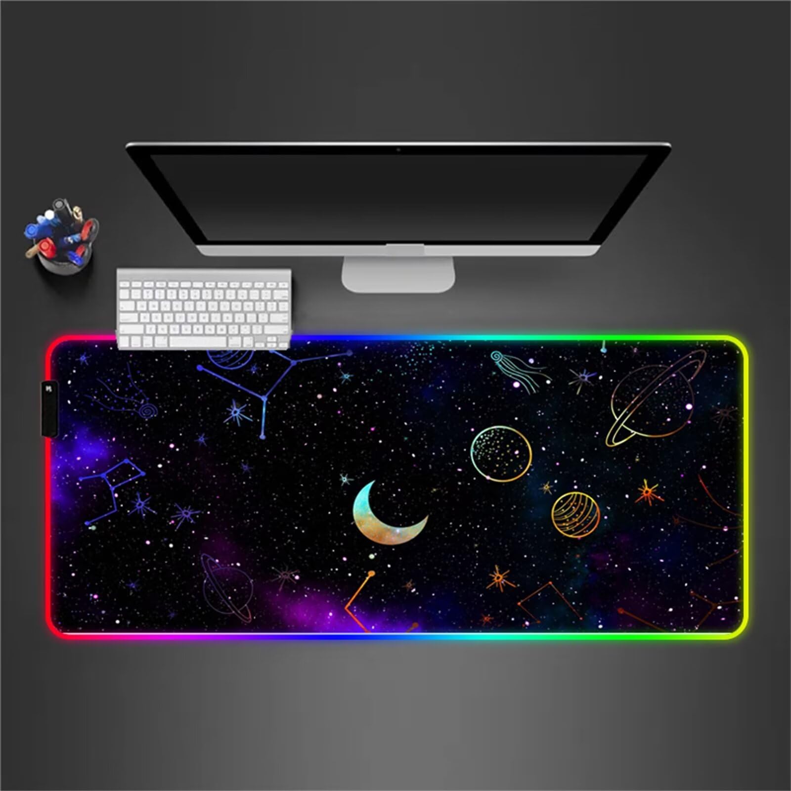 Espacio Luna RGB Alfombrilla de ratón para Juegos 900x400x4mm Alfombrilla Ratón Grande Alfombrilla de Escritorio LED con Base de Goma Antideslizante para Gamers PC y Portátil