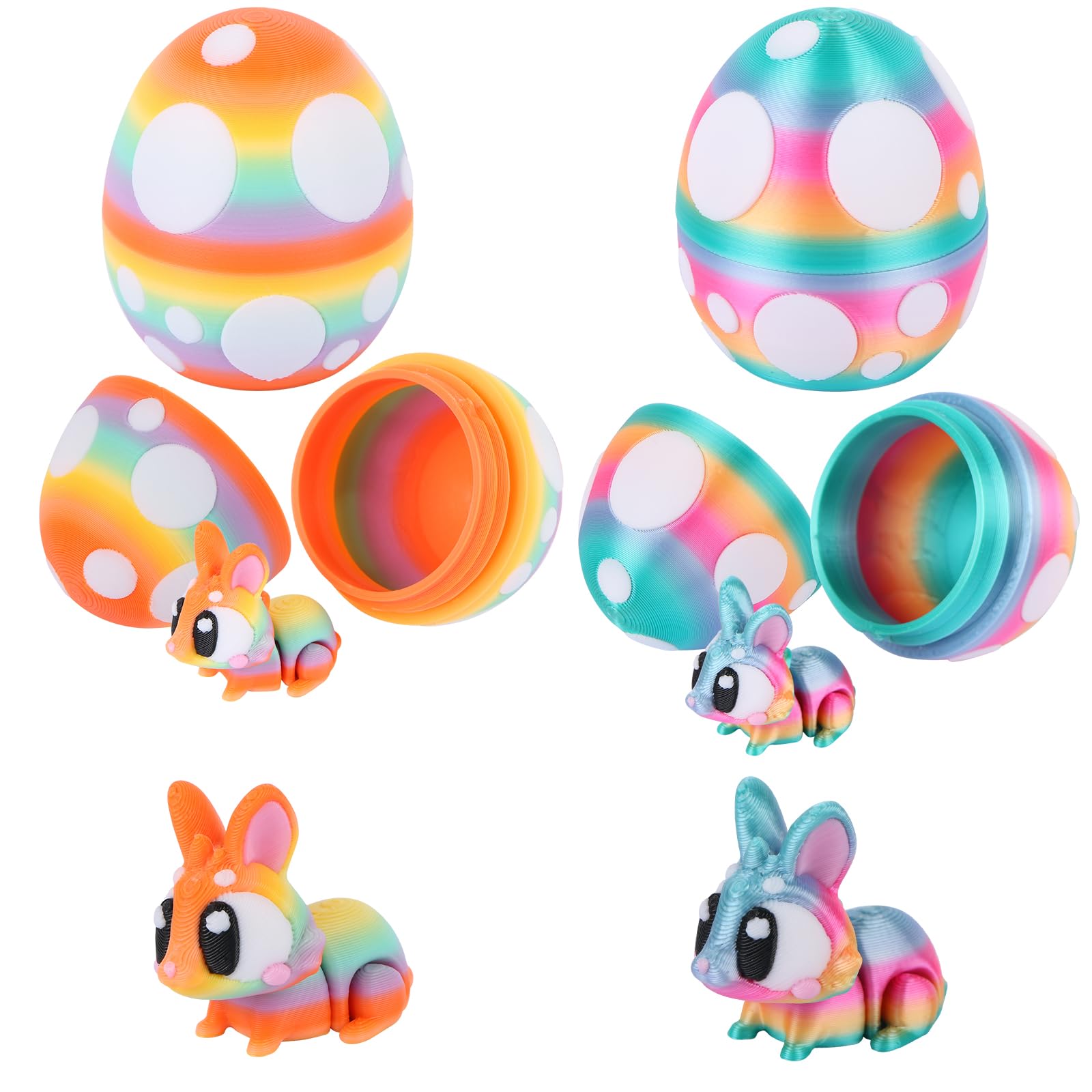 LALASTYLE 2PCS 3D Printed Rabbit with Movable Joints, Orange & Multi-Colour Easter Bunny Decor, Big Eyes Cute Bunny, Articulated Fidget Toy & Unique Gift