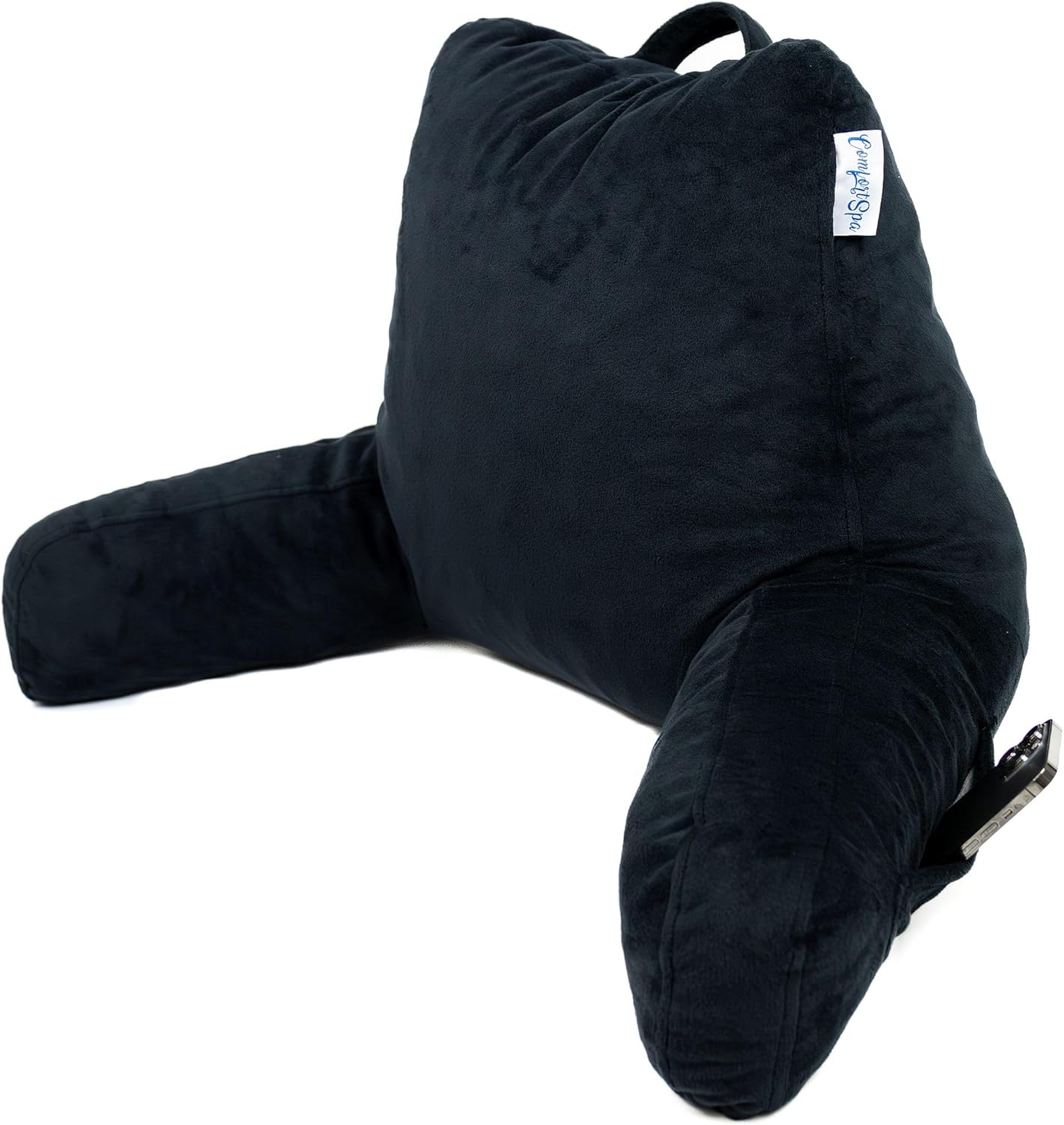 ComfortSpa Reading Pillow for Bed Adult Size, Back Rest Pillow with Arms, Pockets, Washable Cover; Use as Back Pillow for Bed Sitting Up for Bedrest or Relief from GERD Heartburn (Standard Black) Black Standard