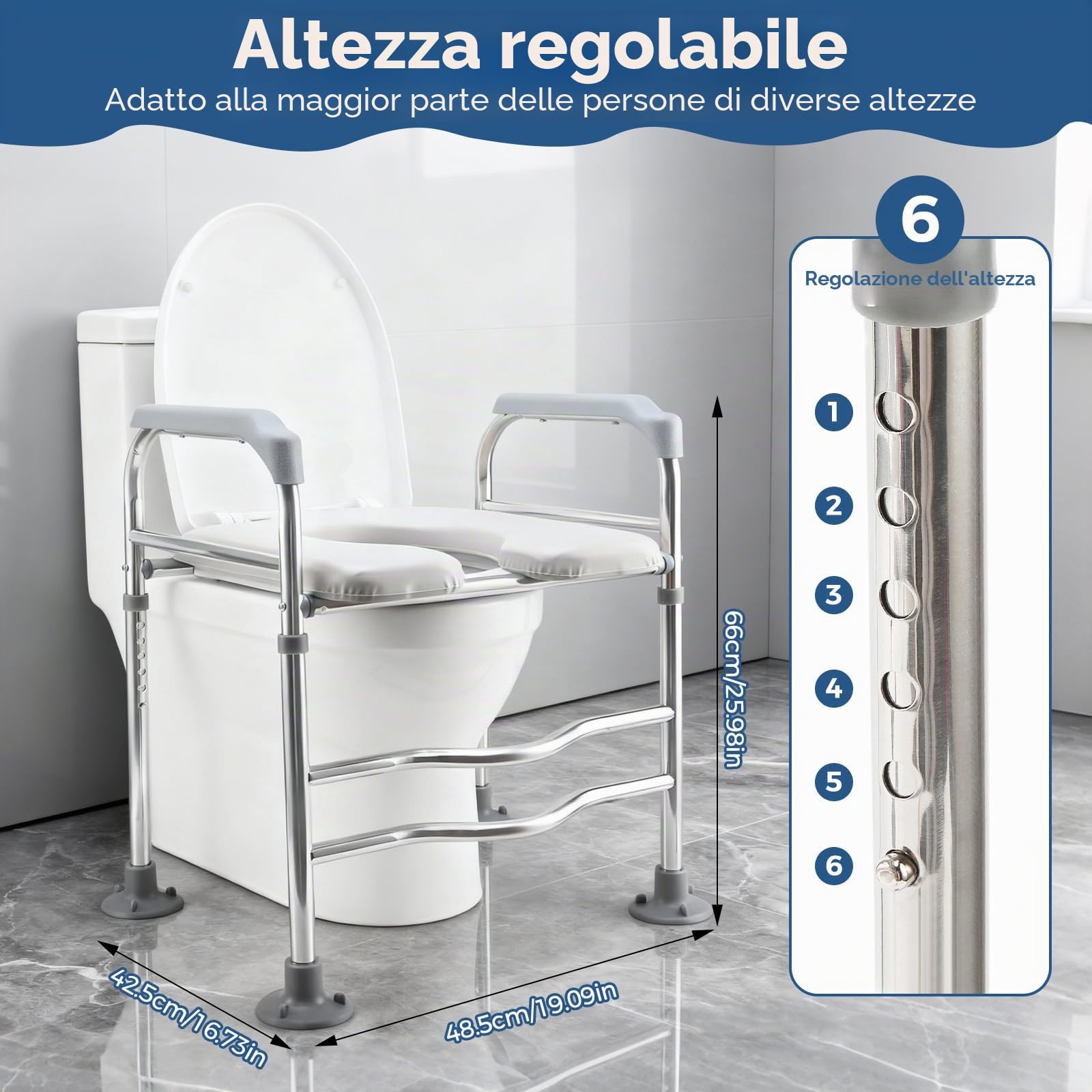 Rialzo WC per Anziani, Sedile del Water Rialzato con Braccioli e Seduta Imbottita Regolabile in Altezza 66-74 cm Comoda WC Alzata Water per Anziani, Disabili, Incinte, Ausilio da Bagno
