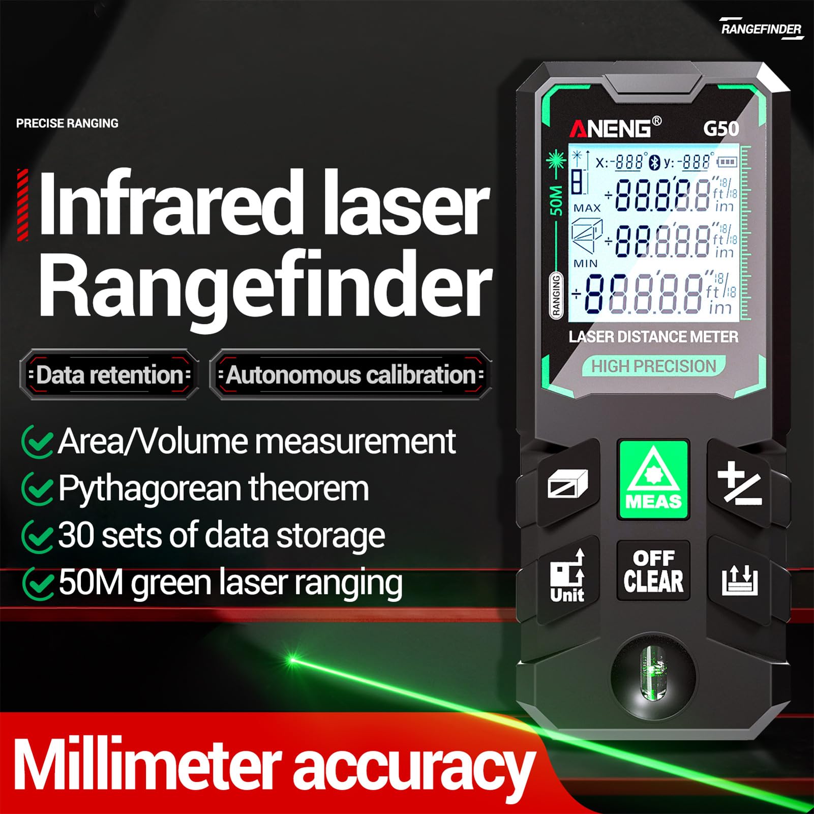 G120 Telémetro láser Inteligente de Alta precisión Medidor de Distancia láser Verde 30 Conjunto de Almacenamiento de Datos Herramienta multifunción de calibración (G50)
