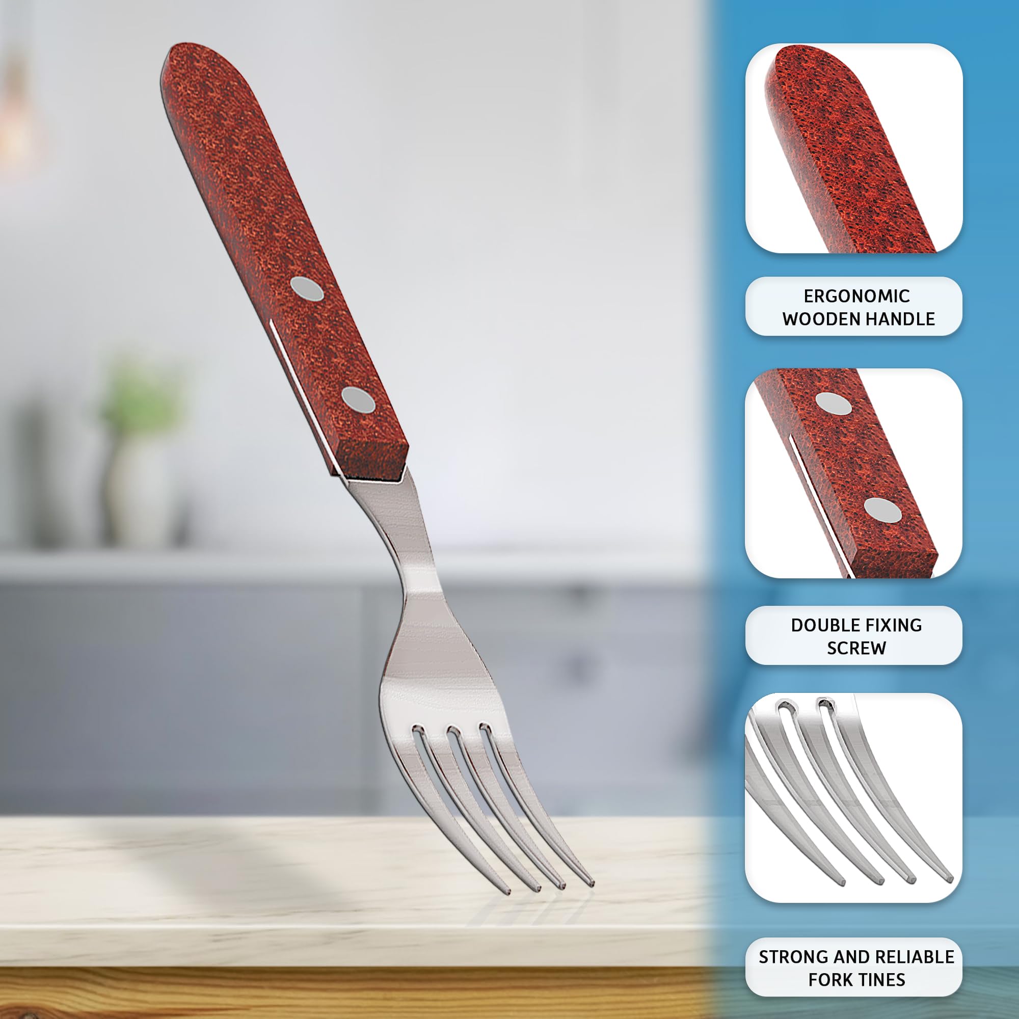 Couverts à steak acier inox bois 24 pieces avec 12 pieces couteaux à steak et 12 pieces fourchettes à steak