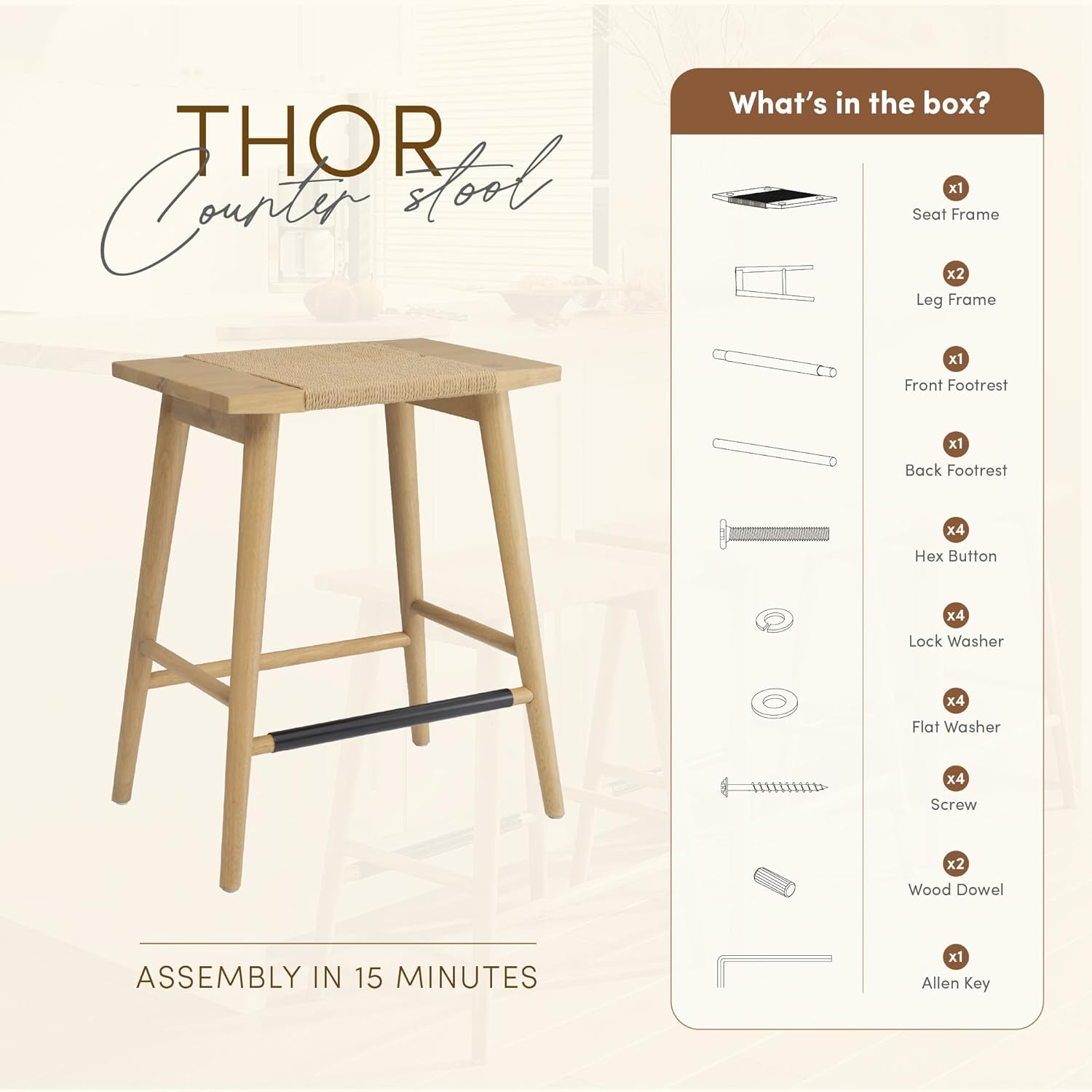 Thor Wicker Premium Solid Wood Counter Stool 24", Backless Counter Height Seating with Hand-Knitted Rope, Eco-Friendly Modern Design (Light Oak)