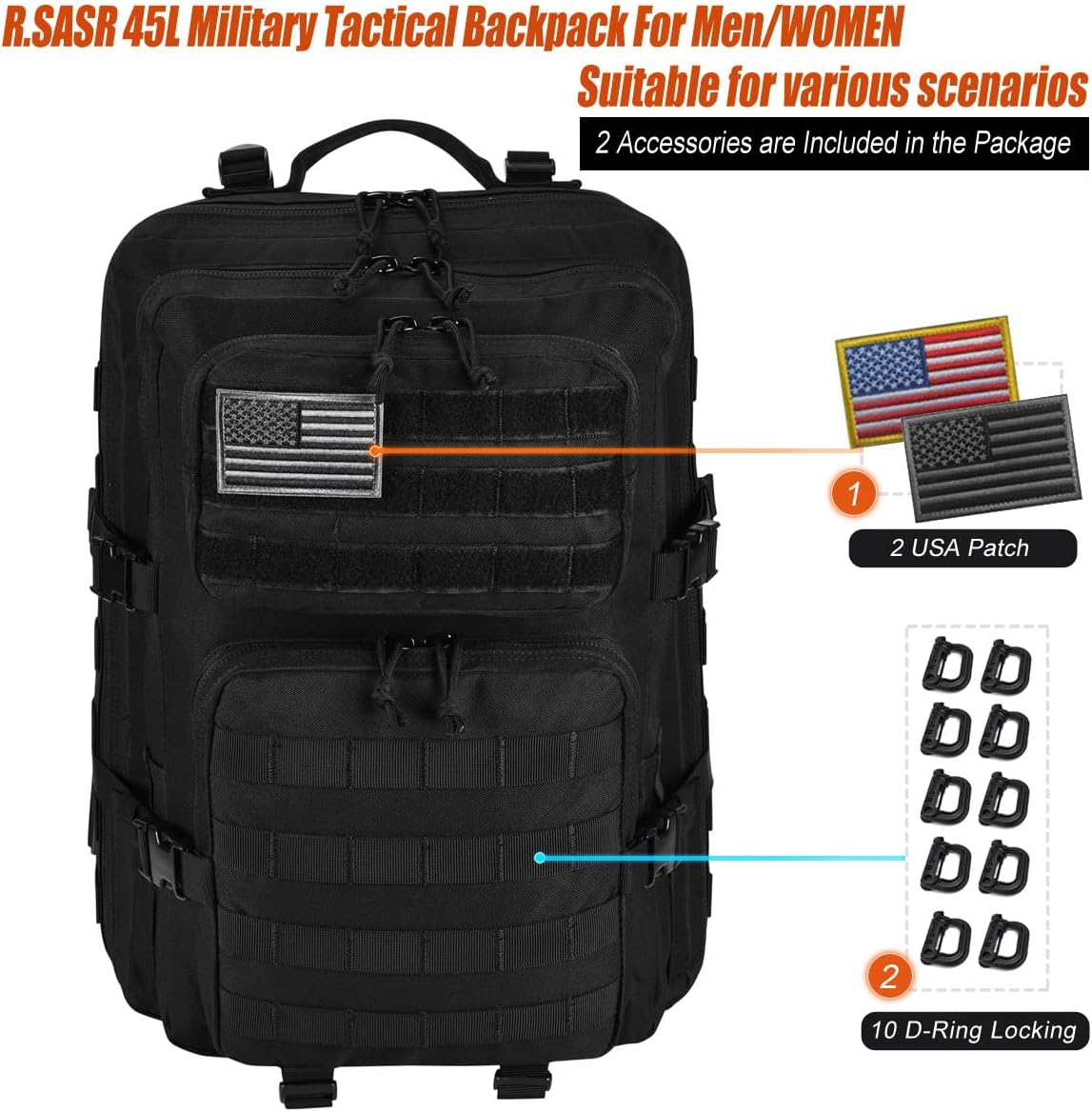 45L Tactical Backpack for Men Women, Military Assault Pack with MOLLE, Large 3 Day Bug Out Bag for Hiking Camping - Image 2