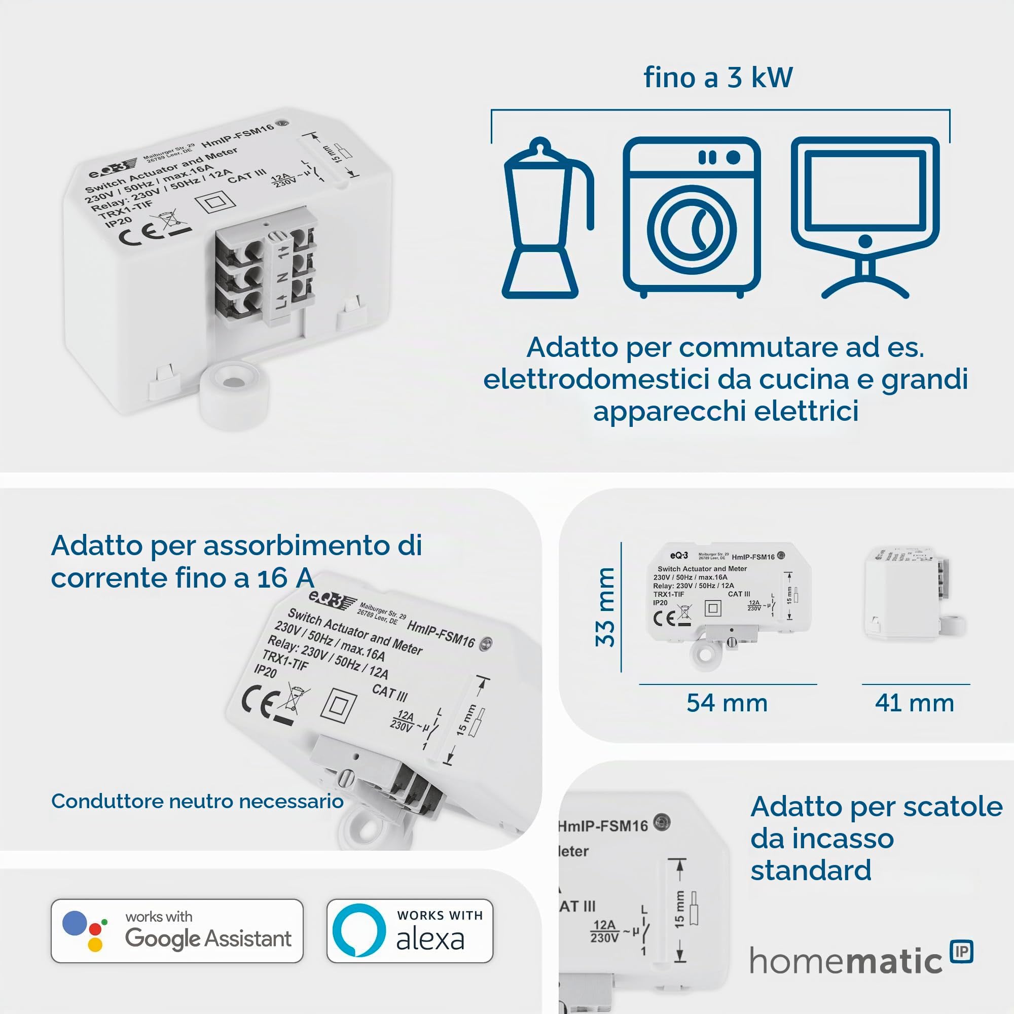 Homematic IP Smart Home Schaltaktor mit Tastereingang (16 A) – Unterputz, steuert Geräte und Leuchten per App, Alexa & Google Assistant, Energie sparen, 154346A0