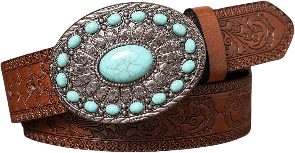 SHENHE Women's Western Cowgirl Belt Floral Engraved Metal Oval Vintage Leather Buckle Waist Belt Country Outfits