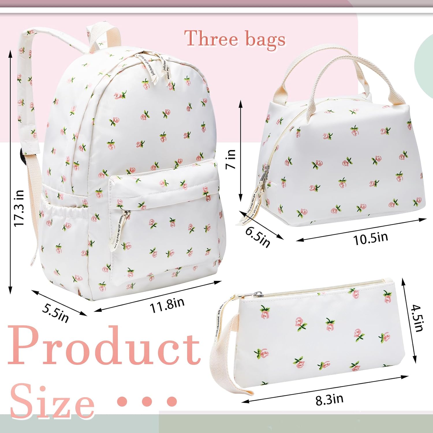 Zeyune 3 Pcs Waterproof Flower Backpack Set Christmas Gifts for Girls Students Teen Including School Bookbag Lunch Bag and Pencil Case Lightweight Floral Knapsack for Primary Middle High School Travel - Image 2