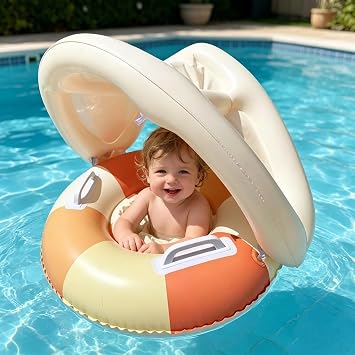 Infant Float with Canopy Foldable Floating Retro Sun Protection Inflatable