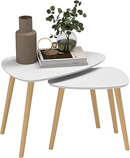 HOMCOM Nesting Coffee Table, Set of 2 Side Tables, Stacking End Tables with Solid Wood Legs, for Living Room Bedroom, Light Grey