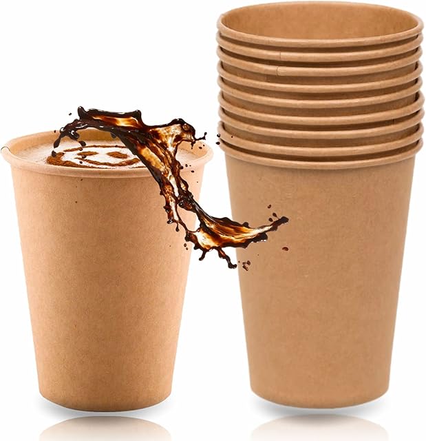 Paper Cups Party Glasses Biodegradable Cup Drinking Glass For Tea Coffee Hot Cold Drinks Hot Chocolate DIY Holiday Wedding Birthday Parties Camping Home Supplies 9.5x7.5x7.5cm Brown (Pack Of 10)