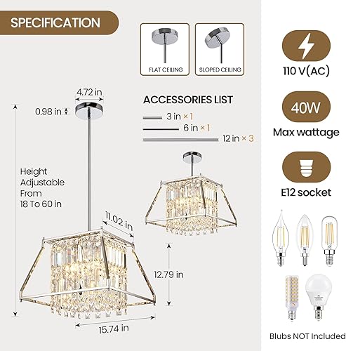 Miniatura 8 de HOSSEE Lámpara colgante de cristal para isla de cocina, moderna cromada, lámpara de cristal colgante para comedor, sala de estar, pasillo, porche,