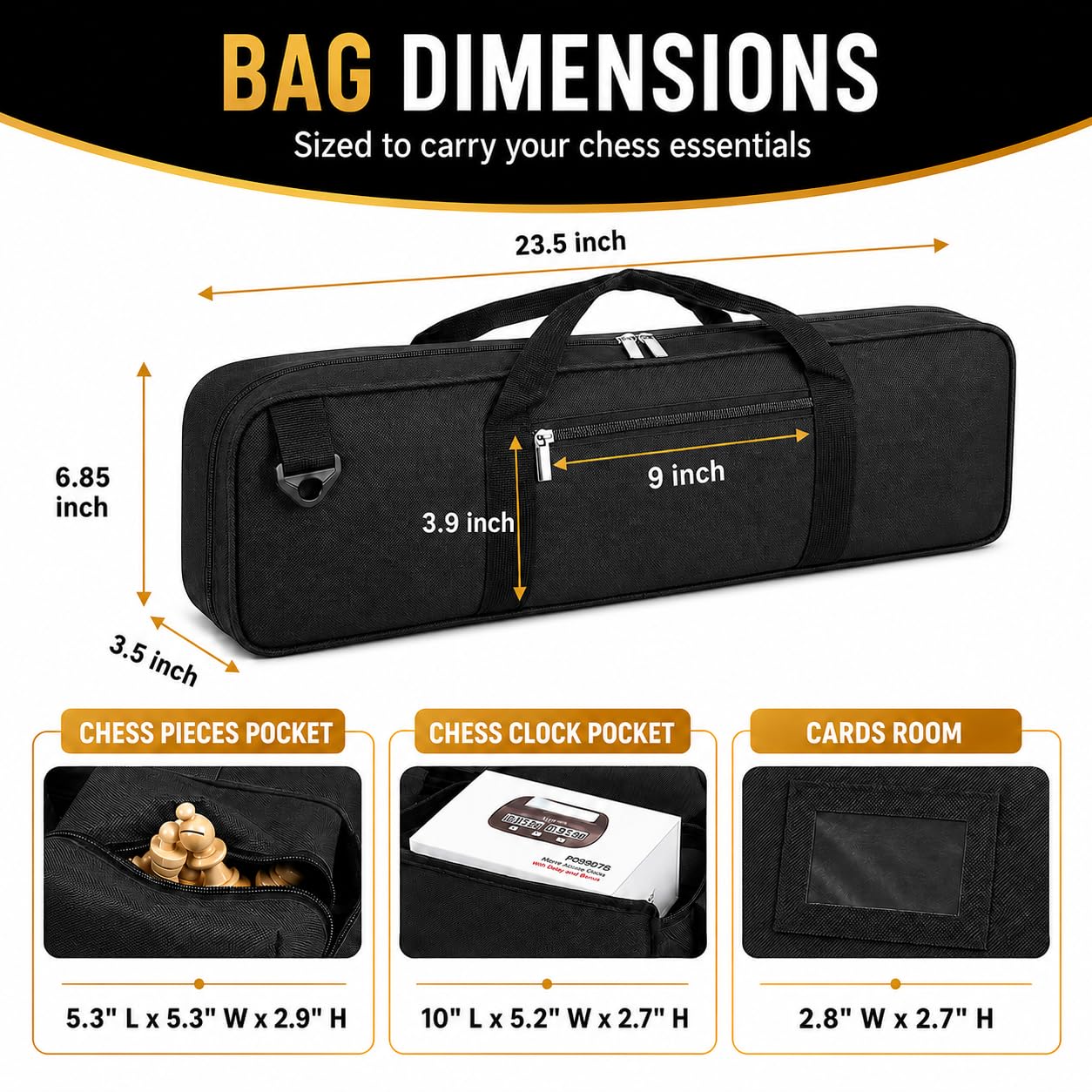 LEAP Sac d'échecs uniquement pour jeux d'échecs, sac de transport pratique avec quatre parties de rangement pour échiquier enroulable, pièces d'échecs, horloge d'échecs, en remplacement des jeux