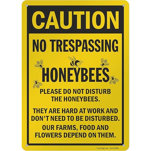 SmartSign 14 x 10 inch “Caution - No Trespassing, Honeybees” Metal Sign, 40 mil Laminated Rustproof Aluminum, Black and Yellow, Made in USA