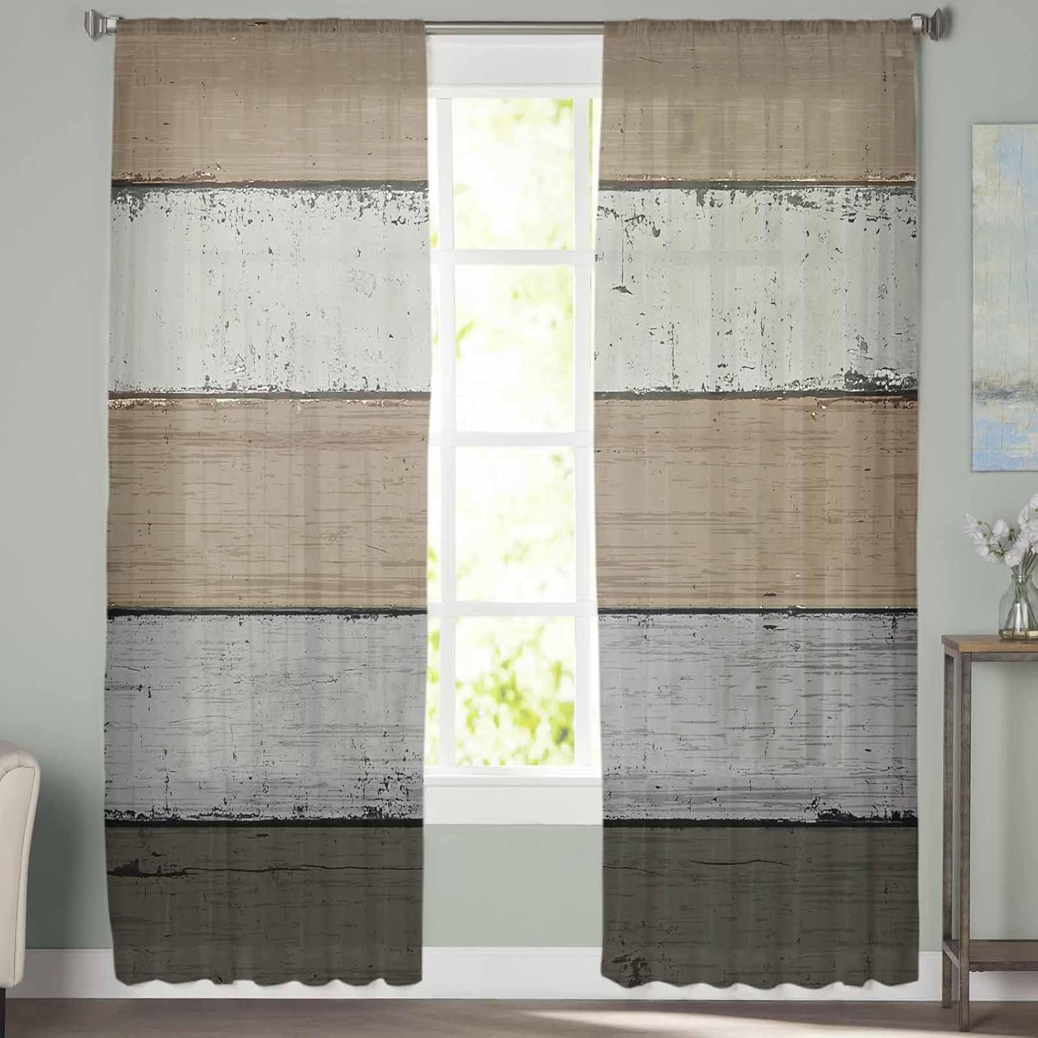 Beige Grey Ombre Sheer Curtains 63 Inches Length 2 Panels Set Bedroom Curtain Drapes, Brown Farmhouse Retro Wooden Striped Semi Curtain Sheers for Living Room/Cafe, Rod Pocket Voile Window Treatment