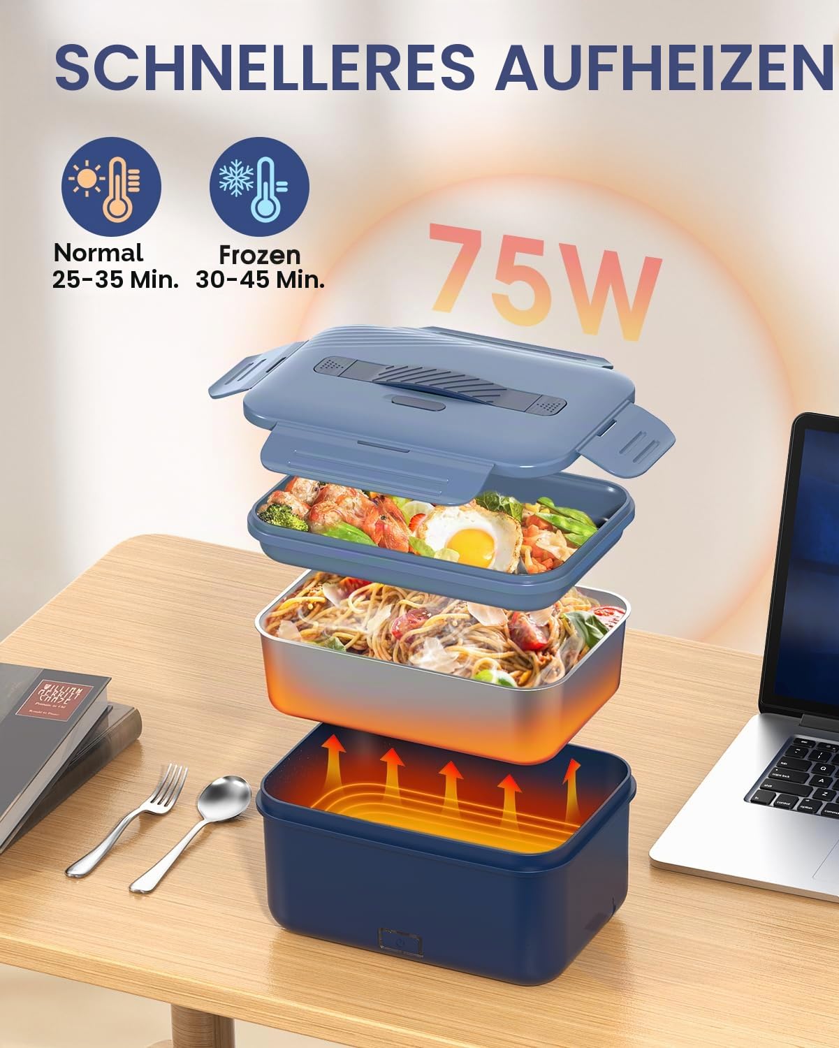 1,8L Elektrische Lunchbox Kabellos, 8000mAh Wiederaufladbare Batterie Heated Lunch Box, 75W Schnellaufhezung & Warmhaltefunktion,Selbstaufwärmende Lebensmittelwärmer für Auto,LKW,Büro,Camping,Outdoor