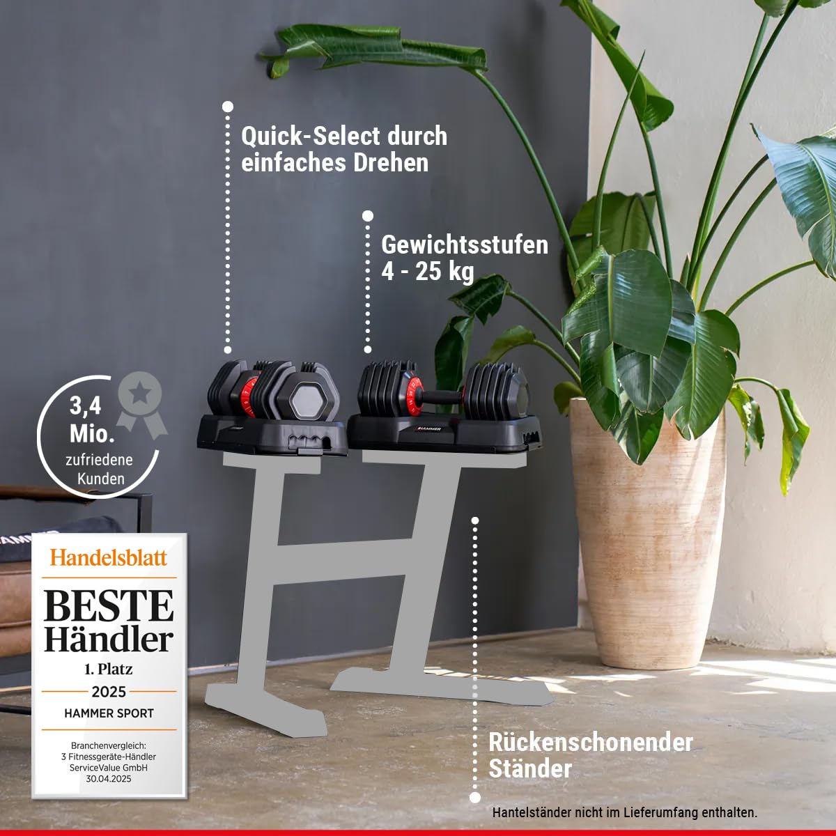 HAMMER Hanteln StrongLock 4.0 Smartes Hantelsystem mit Gewichtsverstellung durch einfaches Drehen (2 x 25 kg)