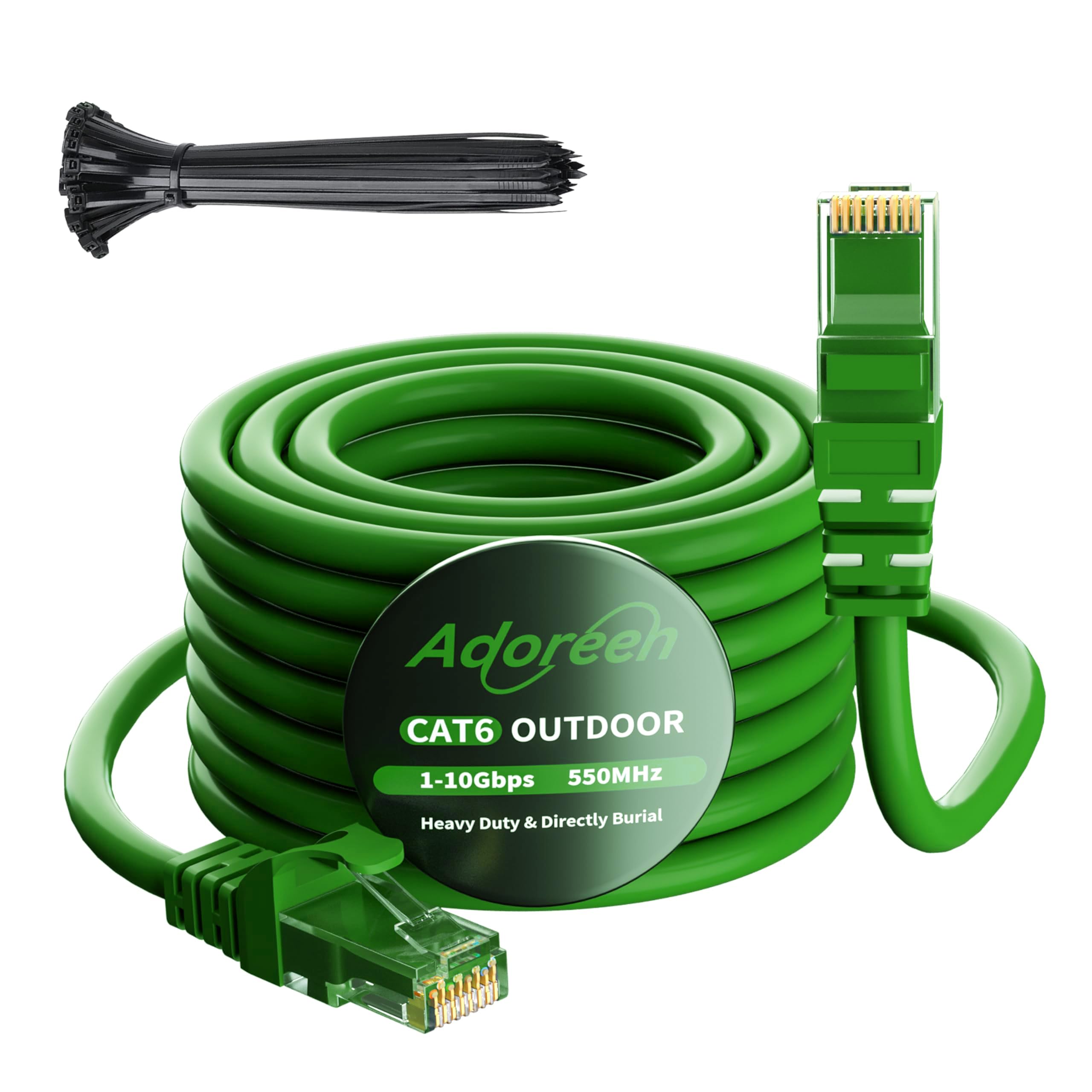 Adoreen Cat 6 Outdoor Ethernet Cable 100 Ft Green, High Speed Heavy Duty Long Internet Network Cable for POE Camera Cat 5 5e RJ45 LAN Patch Cable Cord