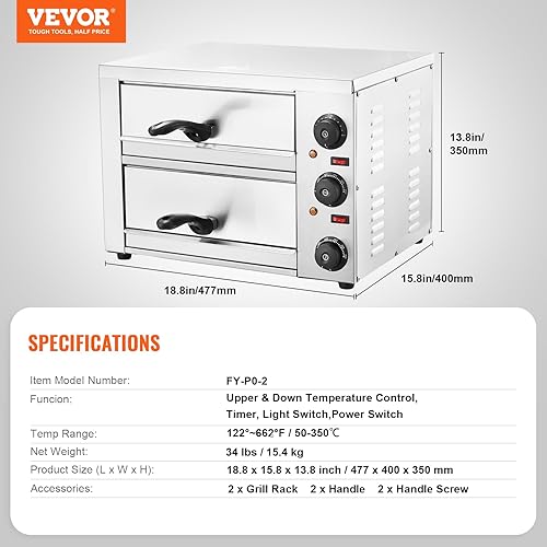 Miniatura 7 de VEVOR Horno eléctrico de pizza para encimeras, 12 pulgadas, 1700 W, con control de temperatura y temporizador de 0 a 60 minutos, tecnología de