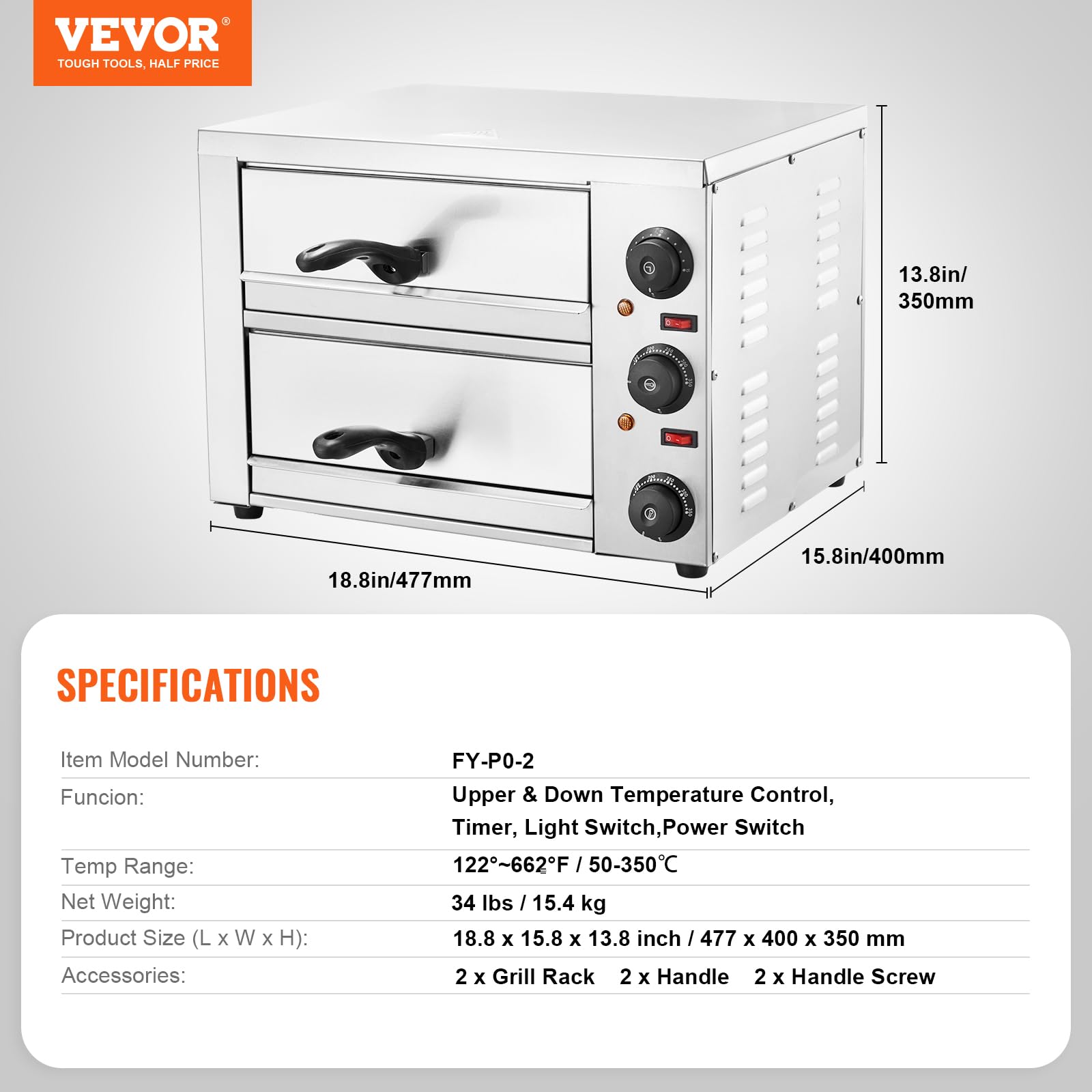 VEVOR Horno de Pizza Eléctrico para Encimeras, 1700 W, con Control de Temperatura y Temporizador, Horneado Uniforme y Fácil Limpieza, Ideal para Cocinas Comerciales y Domésticas, 477 x 400 x 350 mm
