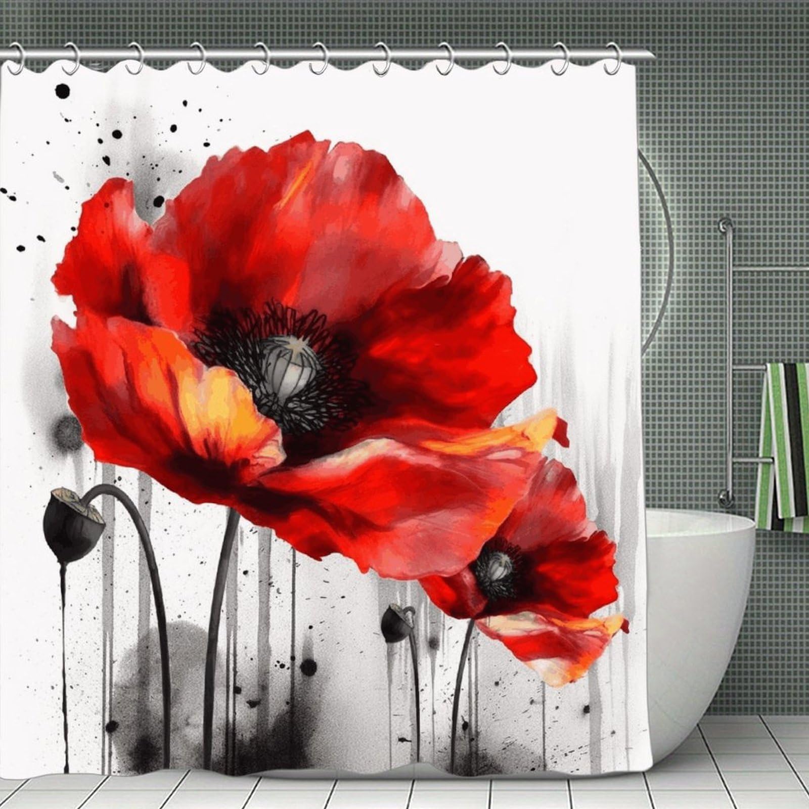 VstaDank Beautiful Poppy Flower Ink Bath Curtain Elegant Heavy Duty Shower Curtains 70x70 in Rustic Farmhouse Cloth Shower Curtains Neutral Modern Bath Curtain for Bathroom