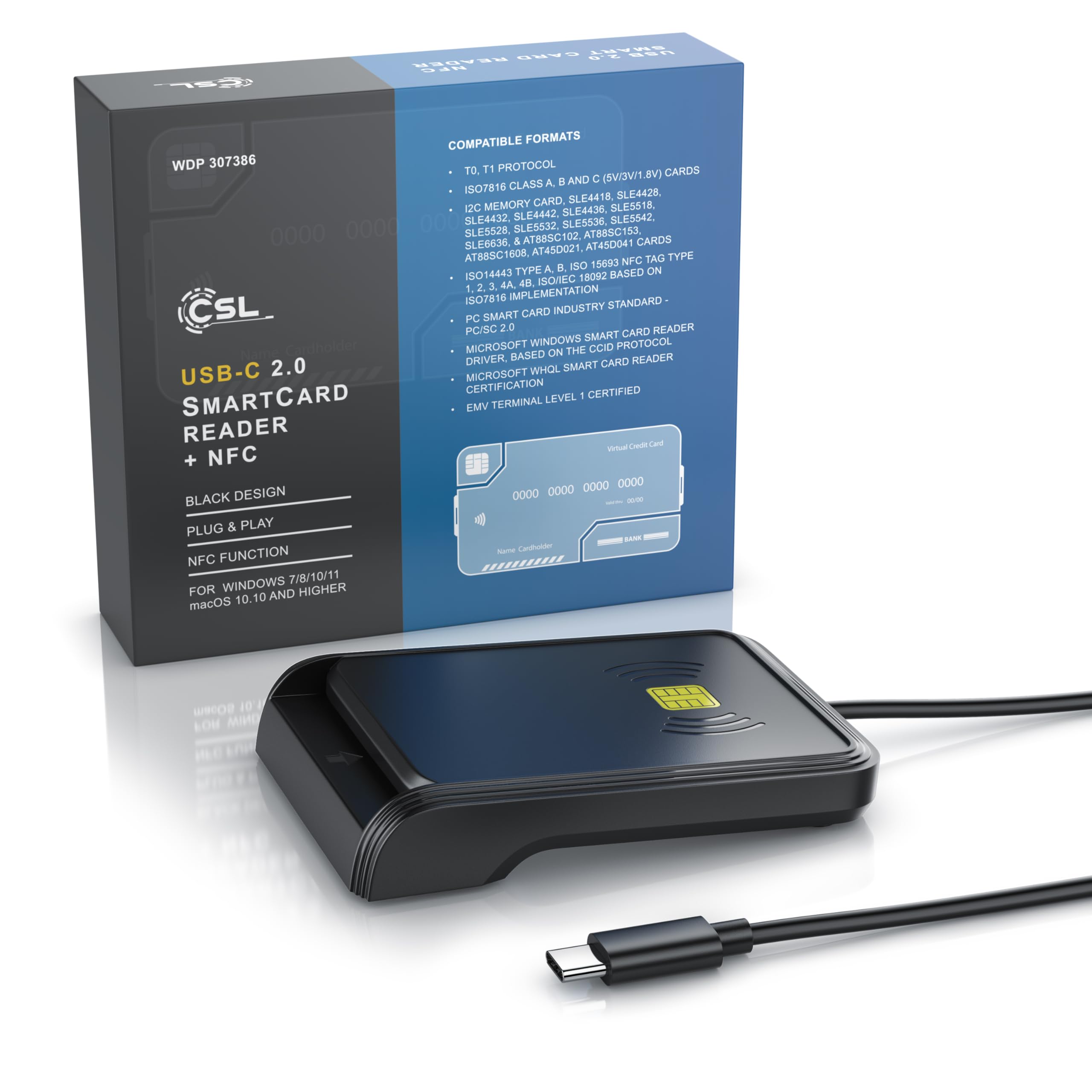 CSL - USB C Chipkartenleser mit NFC - SmartCard Reader - SIM Kartenlesegerät - ISO 7816 – ISO 14443 - Windows 7-11 - für den neuen Personalausweis Krankenkassenkarten Bankkarten - kein EPA