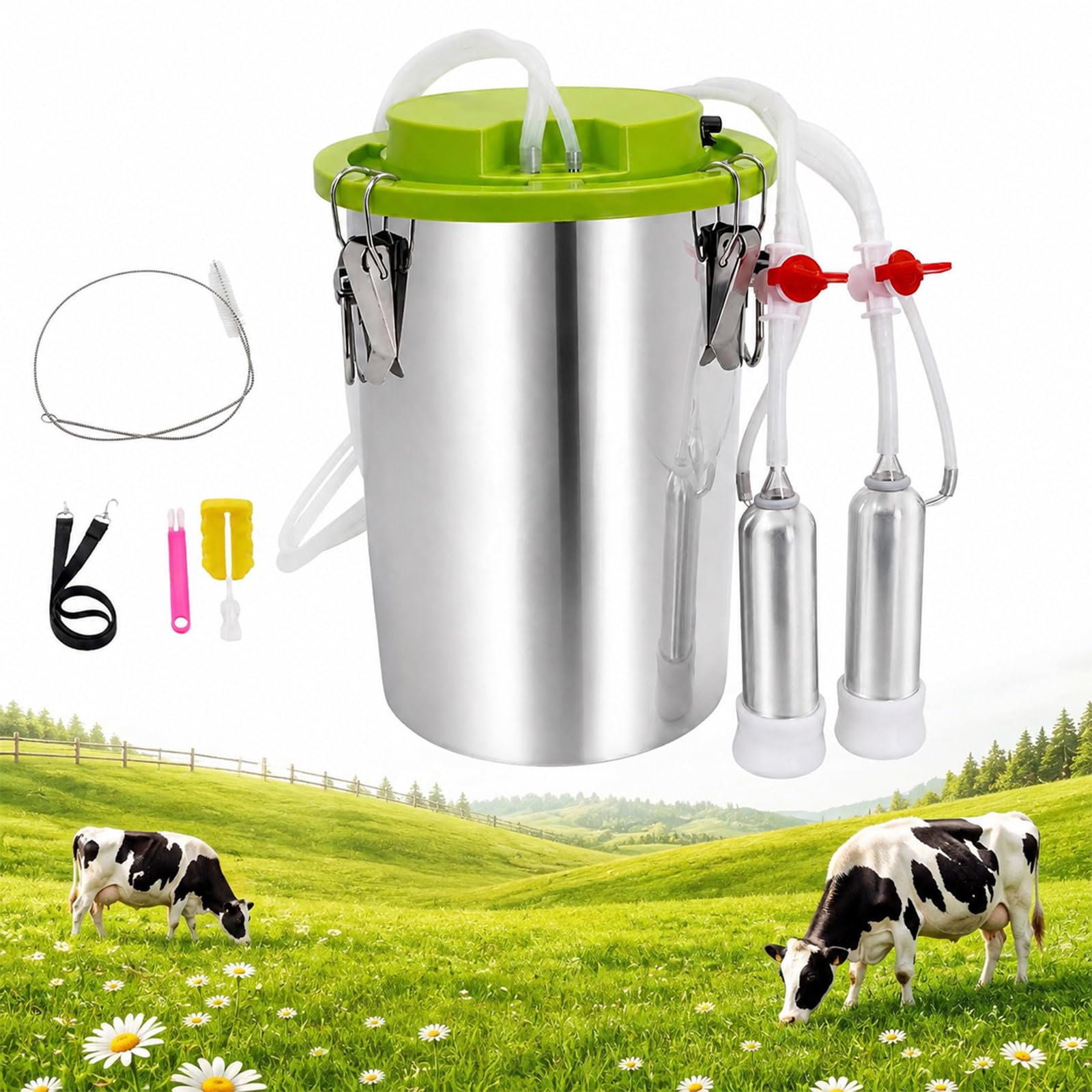 Mungitrice Ricaricabile per Mucche e Capre, Mungitrice Elettrica Portatile con Aspirazione Regolabile, S-istema di Vuoto a Pulsazione, Secchio Inox 304 per Azienda Agricola e Bestiame (16L)