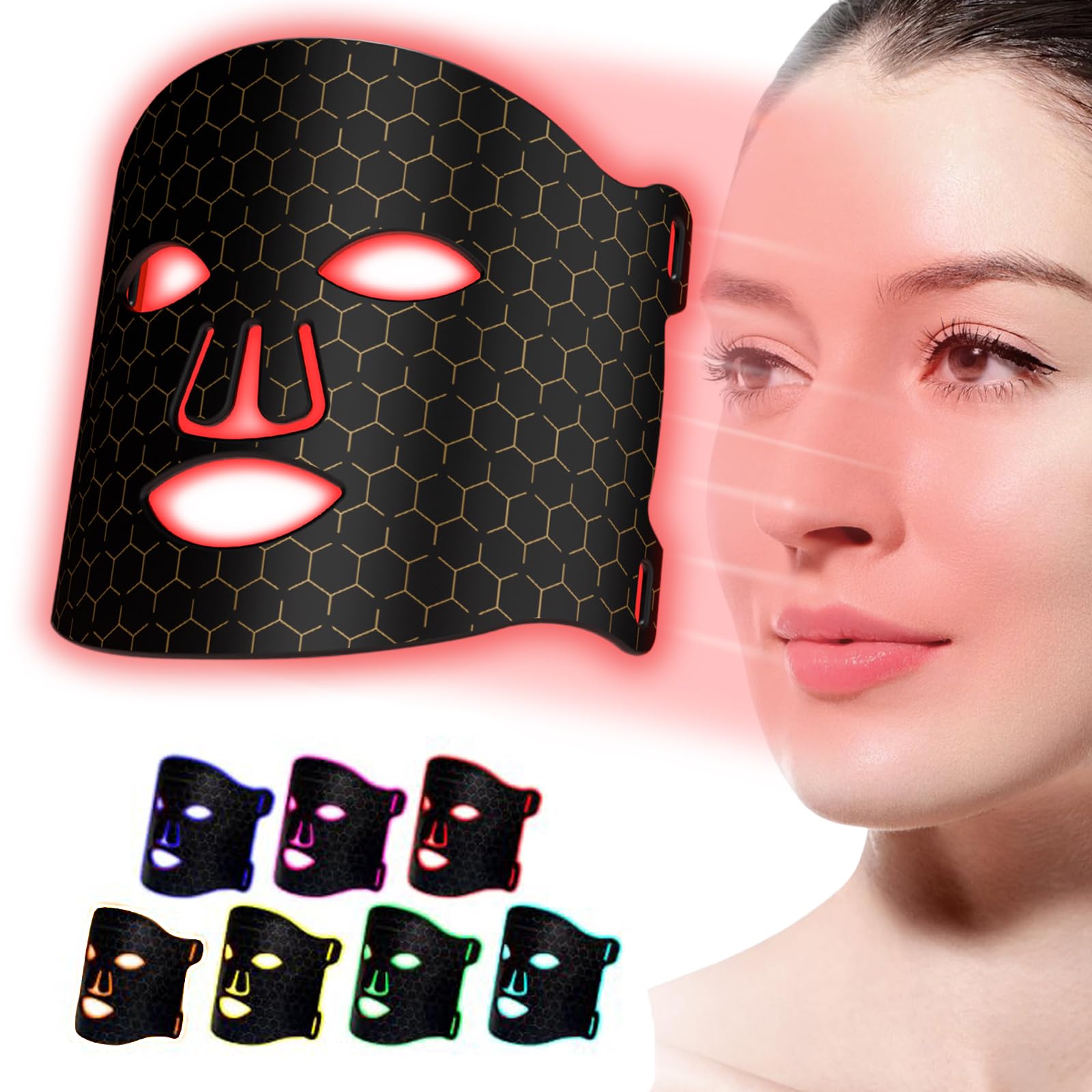 LED Maske Gesicht – LED Gesichtsmaske Lichttherapie mit 7 Modi, Red Light Therapy Face Mask 7 Funktion Mit Controller, Aufladbar Rotlicht Maske Gesicht für Anti-Aging (Schwarz)