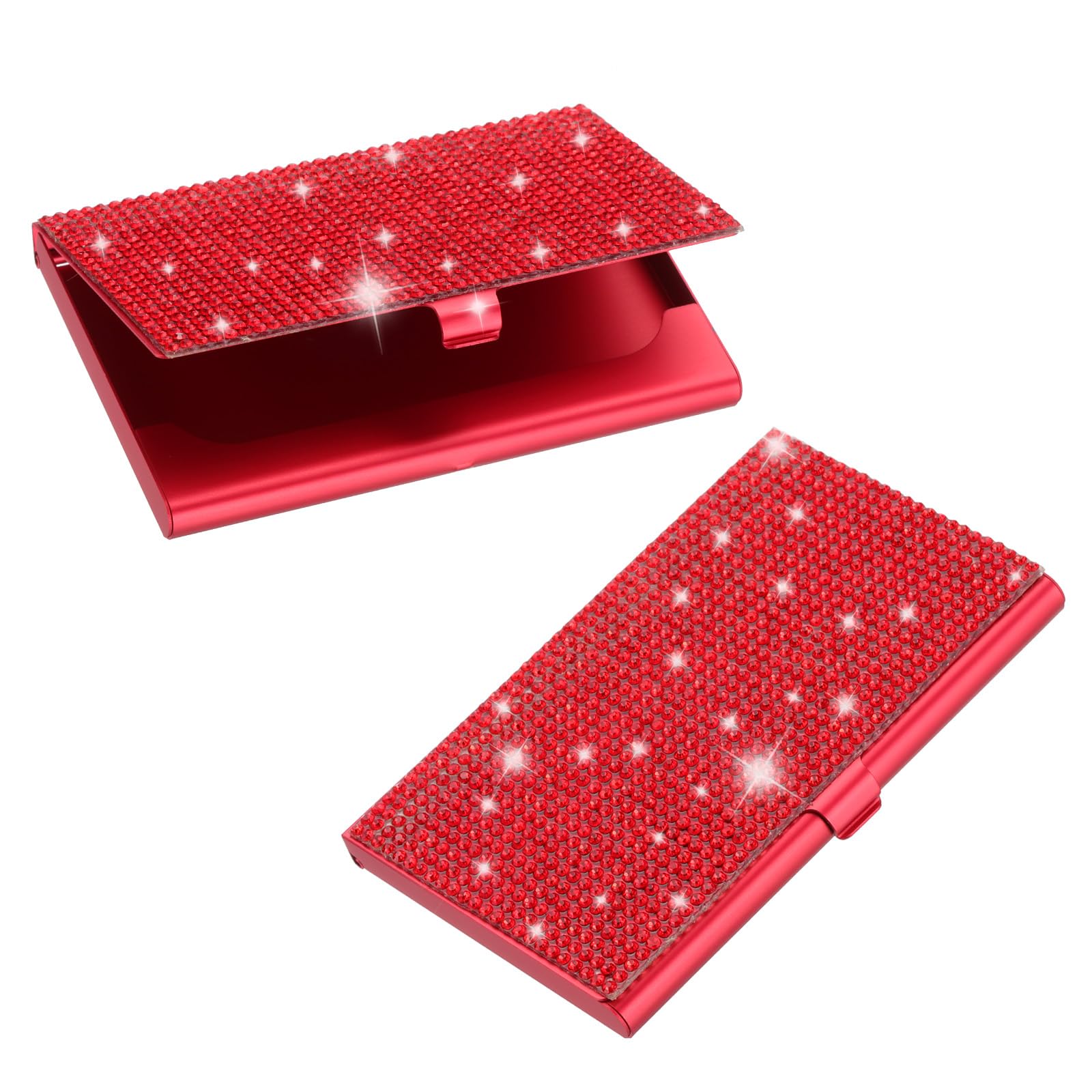 PATIKIL Bling Alloy Business Card Holder, 2Pcs Rhinestone Name Credit Card Organizer Bling Pocket Display for Women Office Exhibition, Red