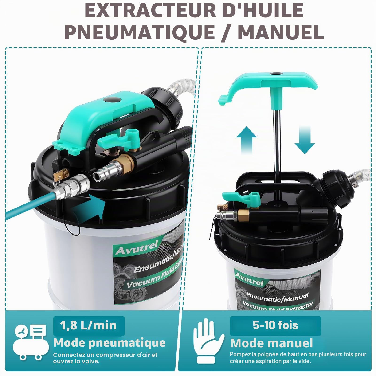 5.3L Pompe à Vide d'Aspiration Vidange d'Huile Moteur, Manuelle et Pneumatique Pompe a Huile, avec 6 Tuyaux et Soupape de Sécurité, Pompe d'Aspiration d'Huile pour Moteur, Transmission