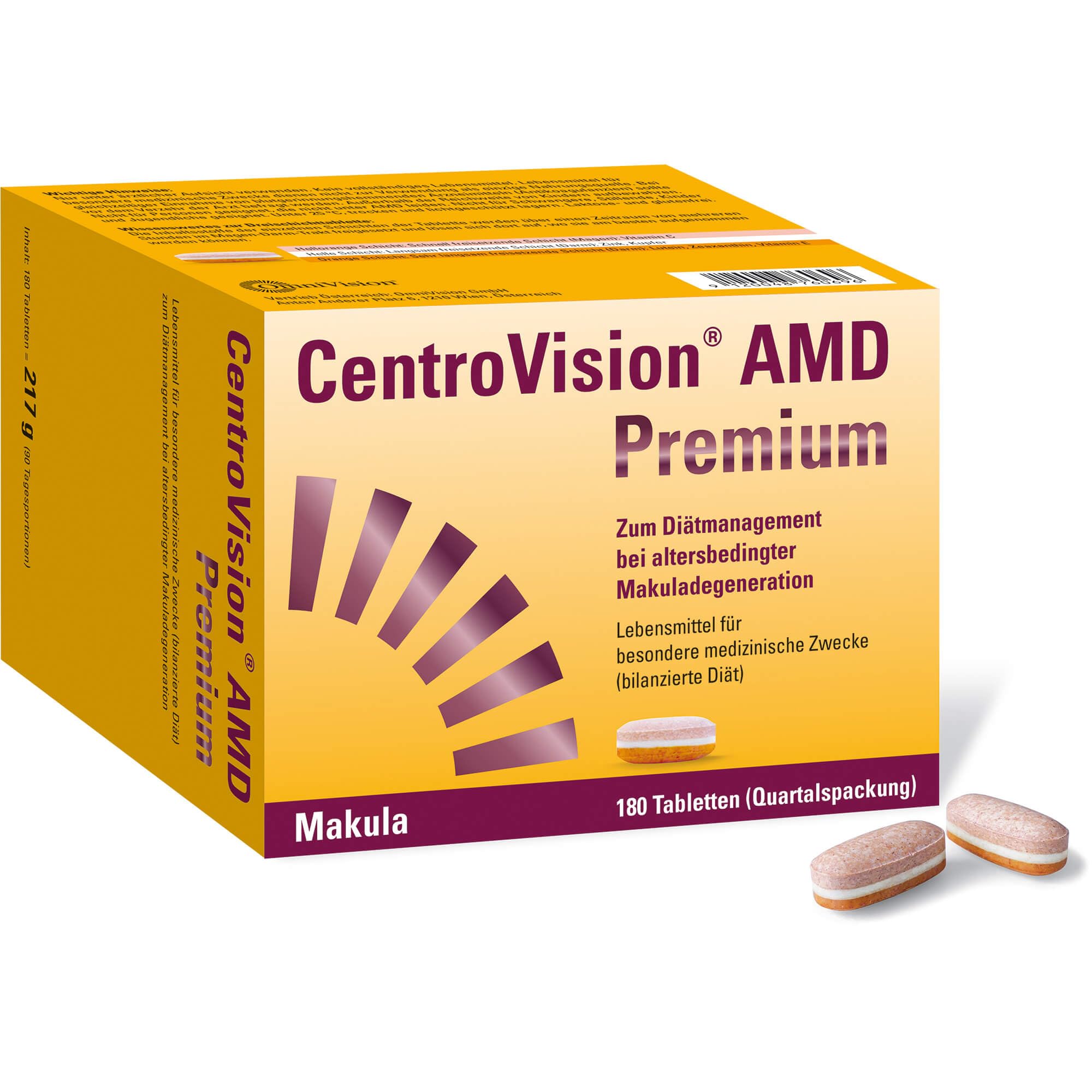 CentroVision AMD Premium – Zum Diätmanagement bei intermediärer und fortgeschrittener altersbedingter Makuladegeneration, innovative 3-Schichttablette, laktose- & glutenfrei, 180 St.
