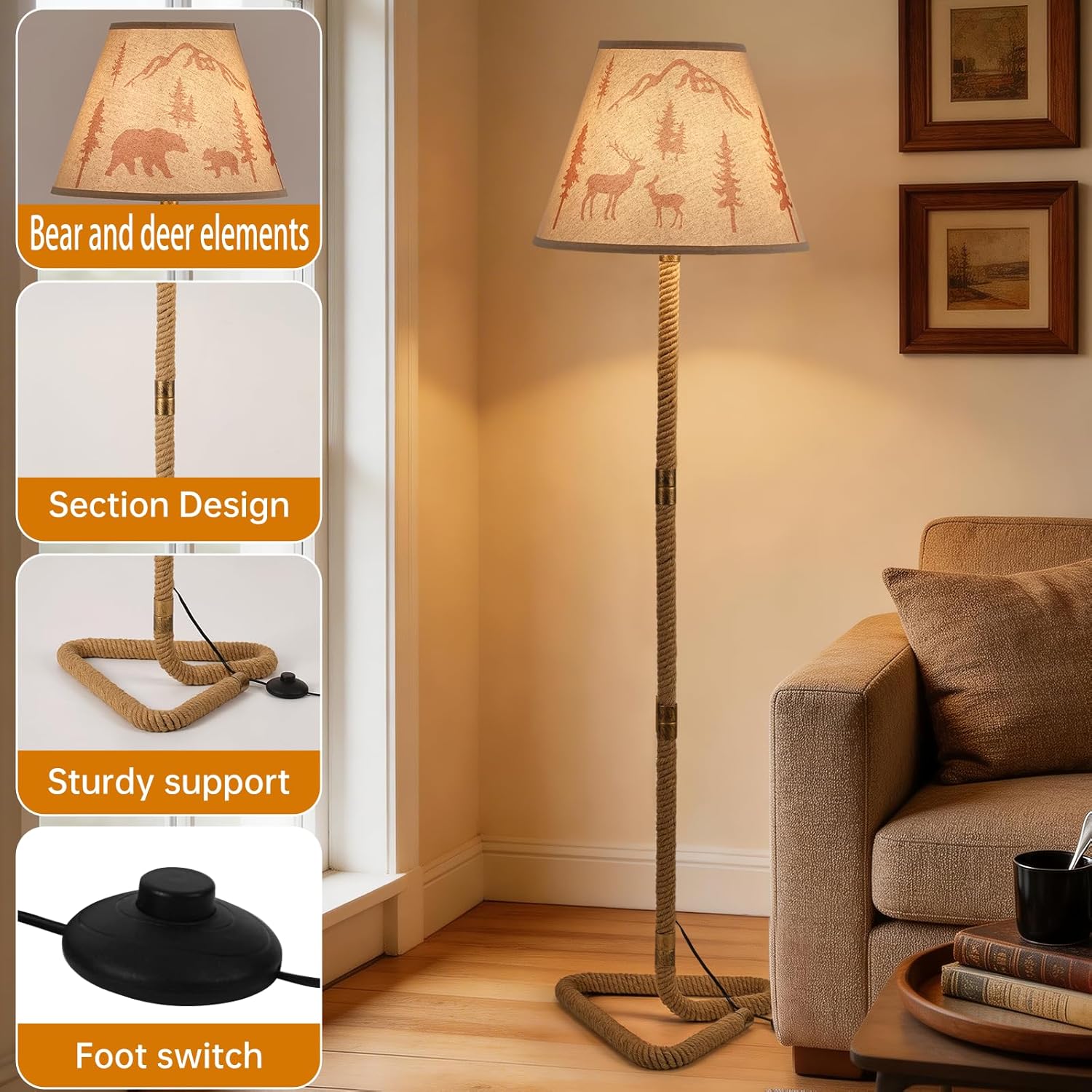 Rustic Floor Lamp -Deer Bear Design, Farmhouse Standing Lamp with Hemp Rope and Linen Shade for Living Room, Corner, Dining Room, Bedroom