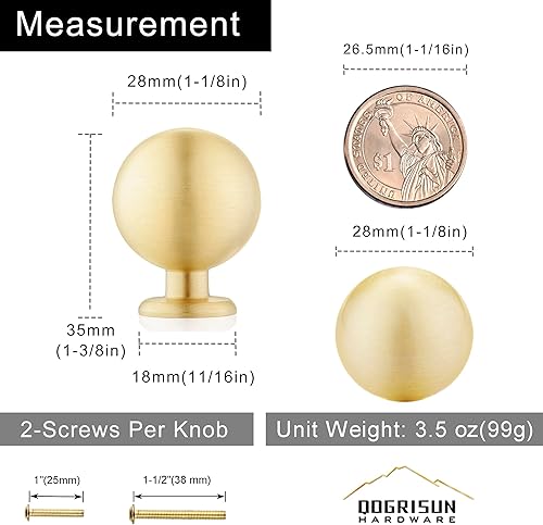 Miniatura 3 de QOGRISUN Paquete de 15 pomos de gabinete de latón macizo, 1.1 pulgadas de diámetro, accesorios de cocina modernos, pomos dorados de bola redonda