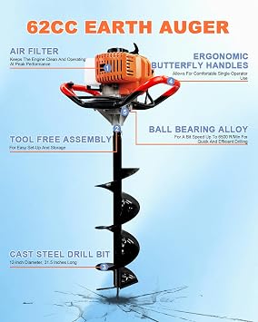 Post Hole Digger, Gas Powered 62CC 2-Stroke Earth Auger with 4 & 6 & 8 & 12 Drill Bits and 3 Extension Rods Heavy Duty Hole Digger for Farmland, Garden, Planting, Fencing