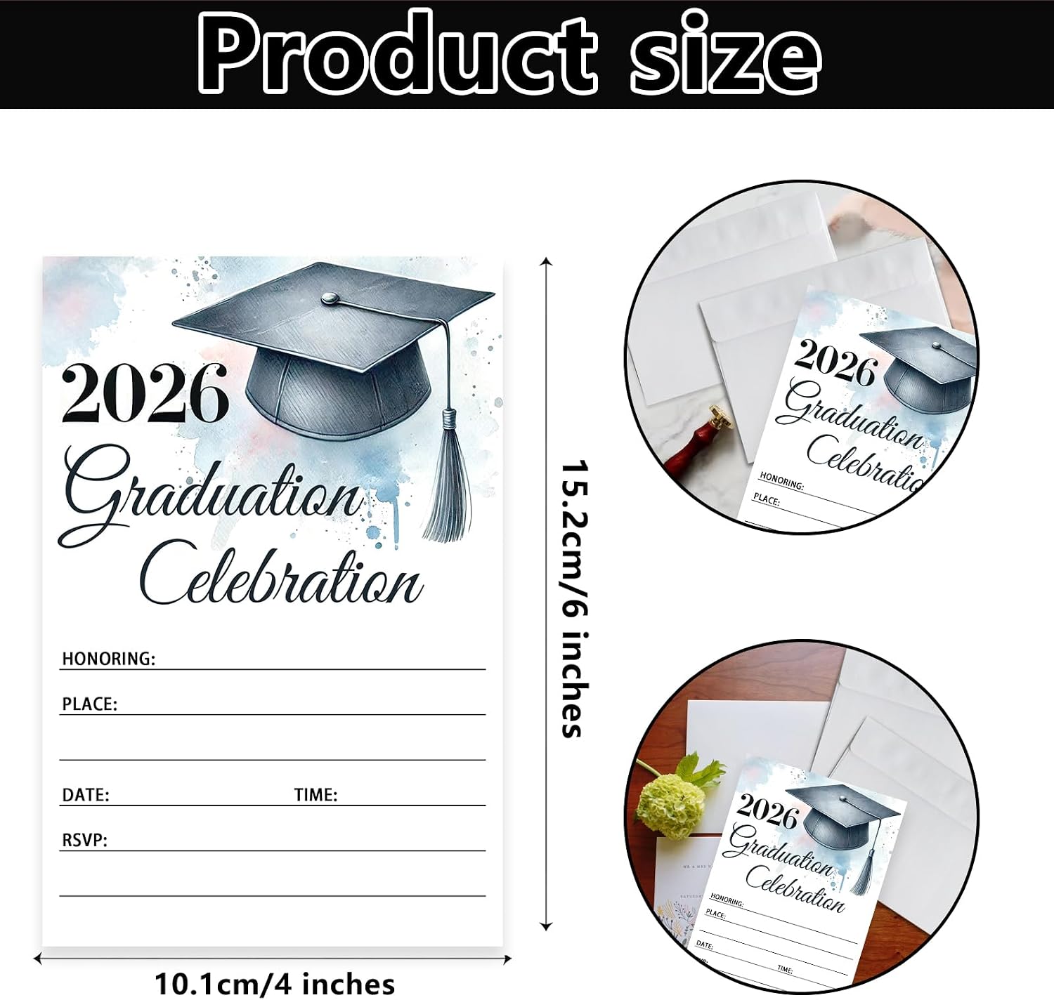 20 Pack 4x6 Inches Graduation Invitation with Envelopes, 2026 Watercolor Grad Design, Party Invites with Place, Date, Time, RSVP for College, Junior, High School, University, Masters Grad Celebration